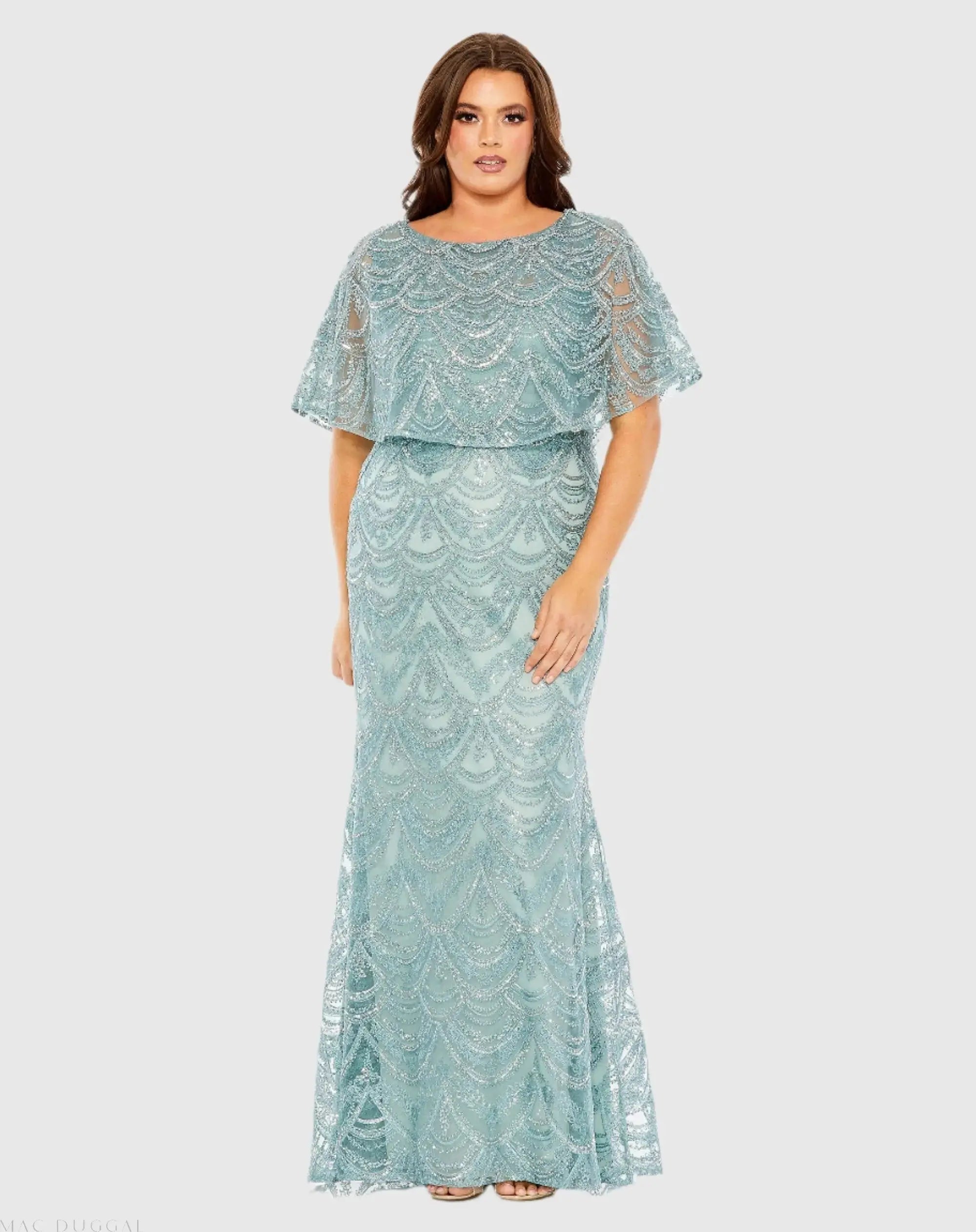 Blue High Neck Embellished Column Dress With Cape (Plus) - Mac Duggal