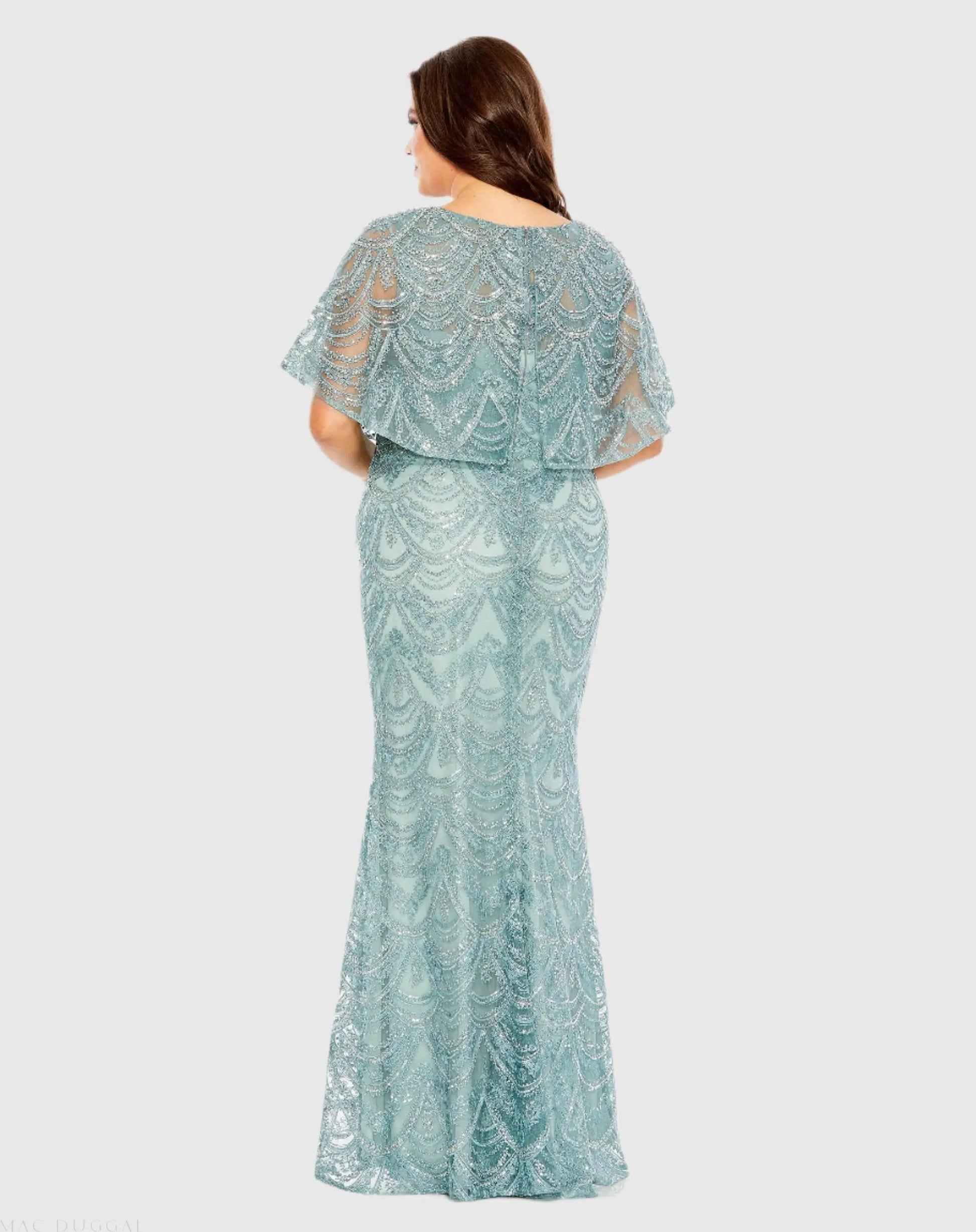 Blue High Neck Embellished Column Dress With Cape (Plus) - Mac Duggal