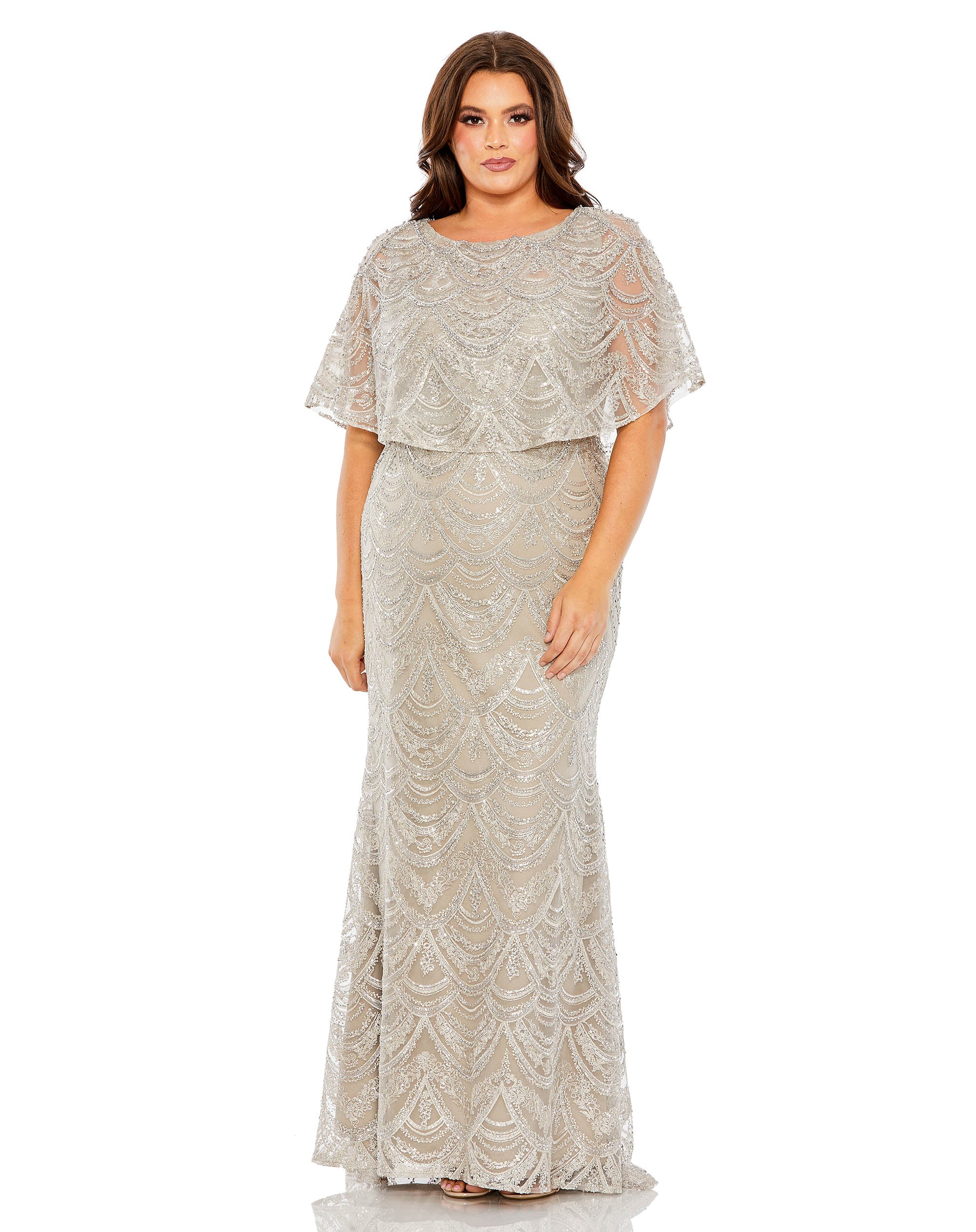 High Neck Embellished Column Dress With Cape (Plus)