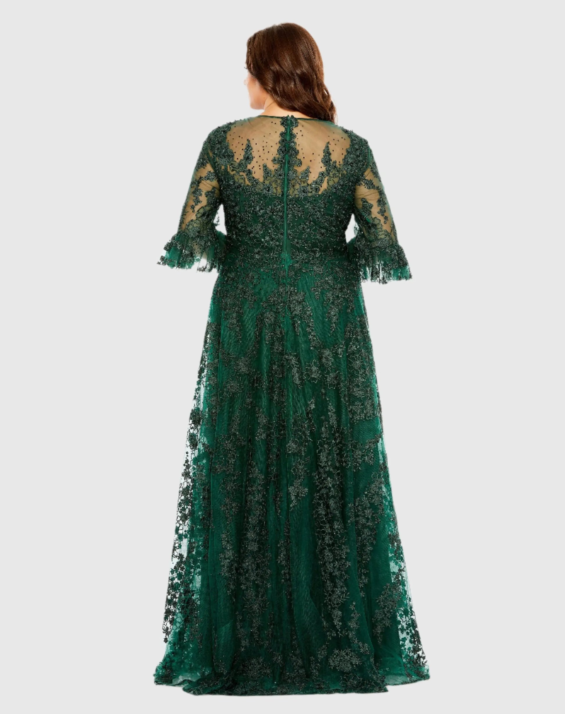 Green High Neck Flutter Sleeve Embroidered A Line Gown (Plus) | Mac Duggal Green High Neck Flutter Sleeve Embroidered A Line Gown (Plus) | Mac Duggal