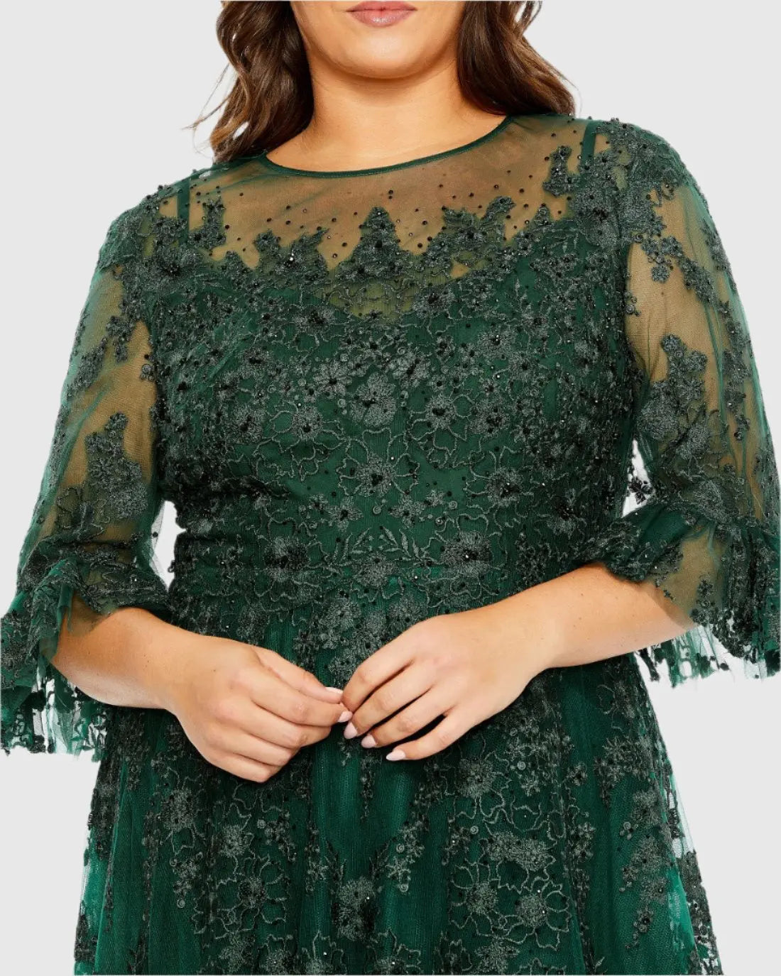 Green High Neck Flutter Sleeve Embroidered A Line Gown - Mac Duggal
