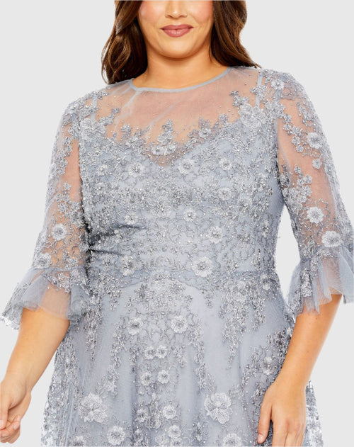 Blue High Neck Flutter Sleeve Embroidered A Line Gown