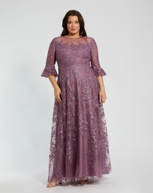 High Neck Flutter Sleeve Embroidered A Line Gown