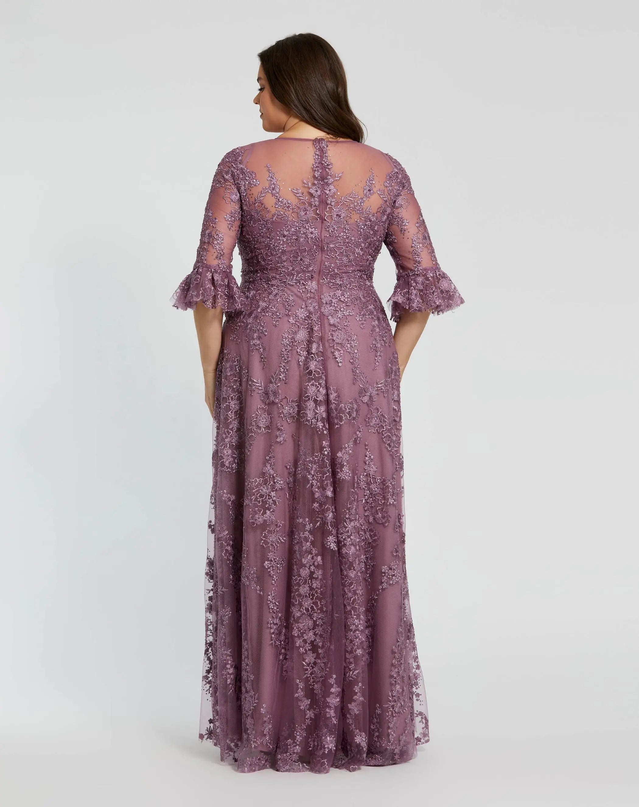 Purple High Neck Flutter Sleeve Embroidered A Line Gown - Mac Duggal