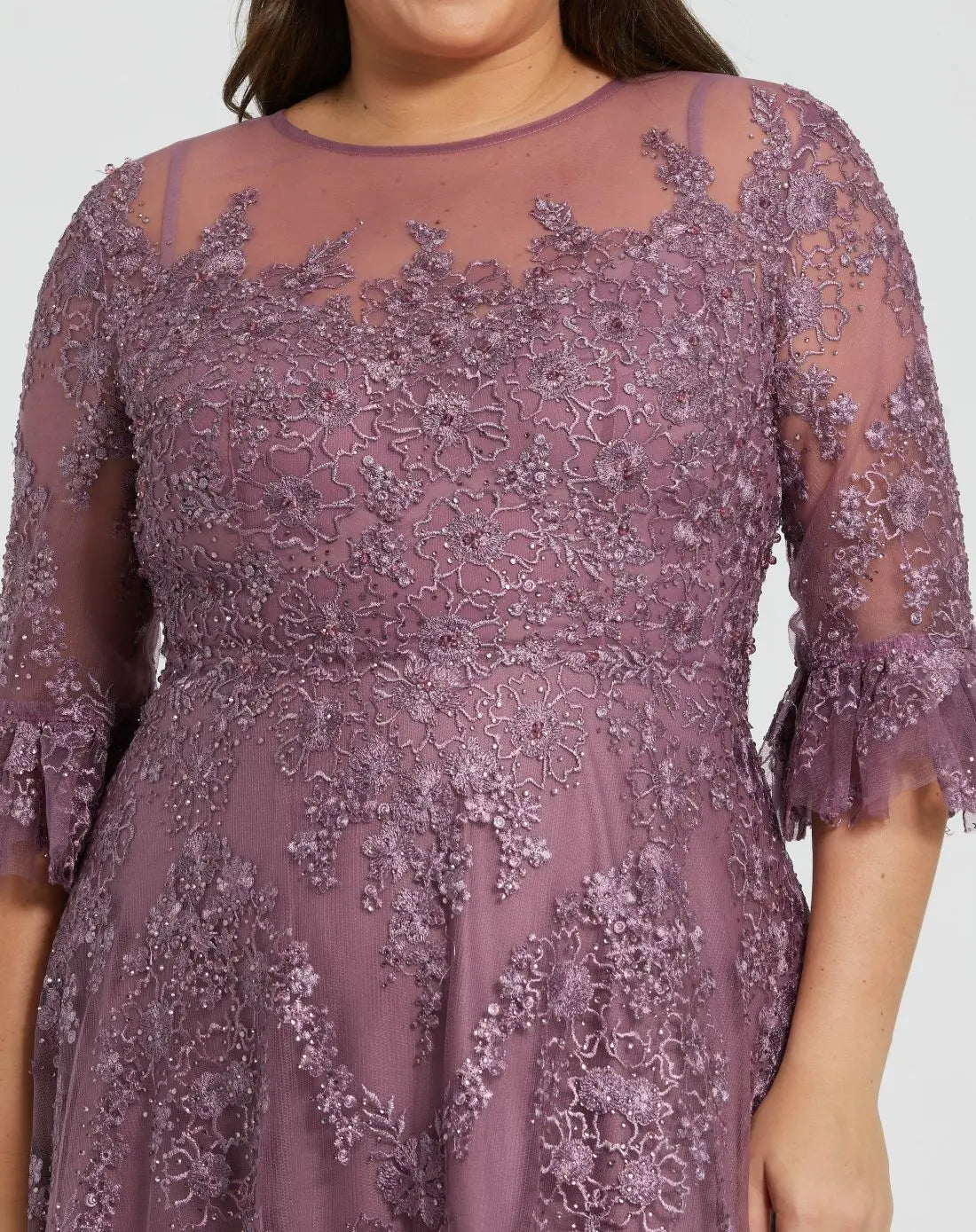 Purple High Neck Flutter Sleeve Embroidered A Line Gown - Mac Duggal