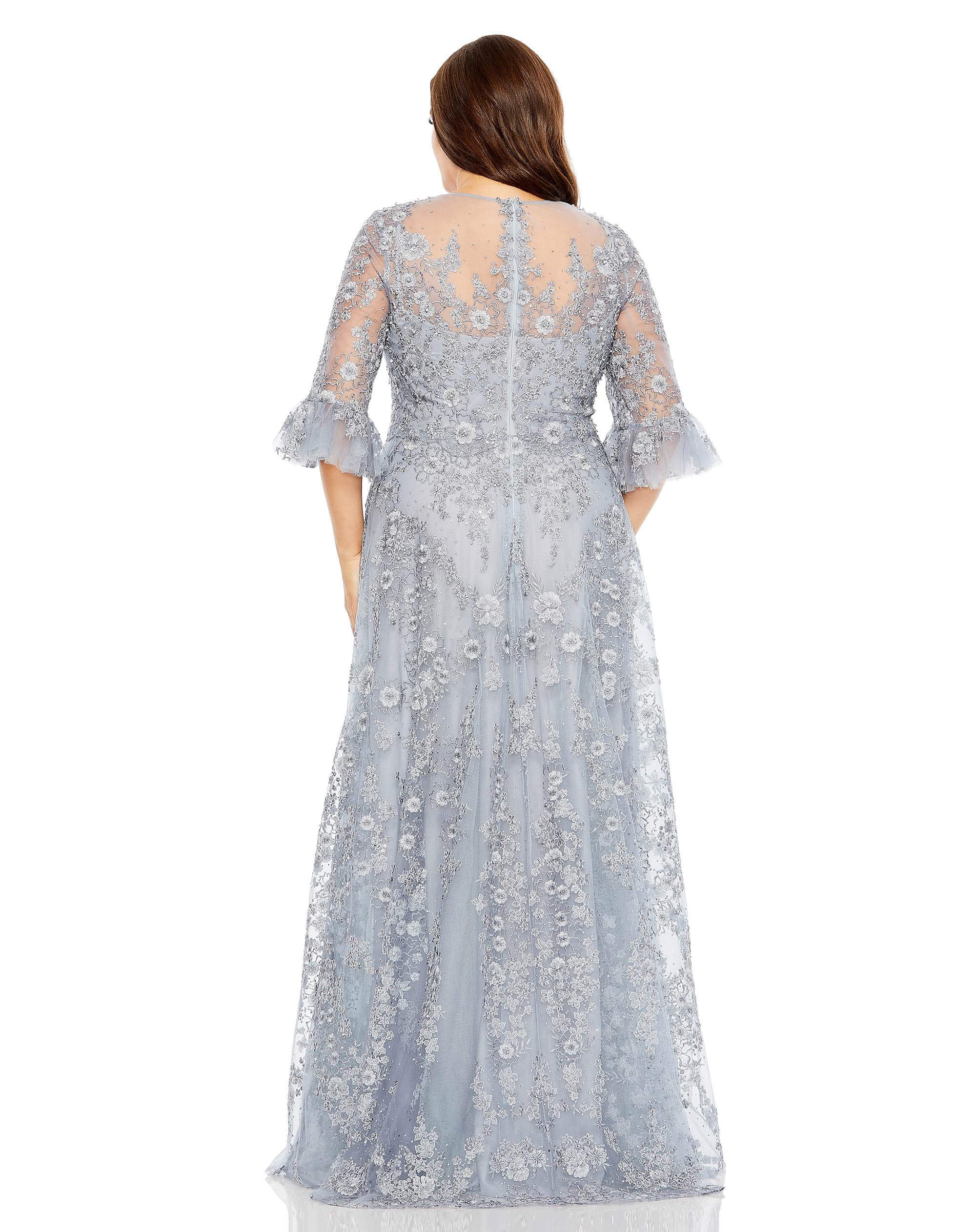 High Neck Flutter Sleeve Embroidered A Line Gown