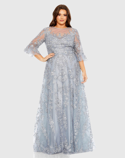 Blue High Neck Flutter Sleeve Embroidered A Line Gown