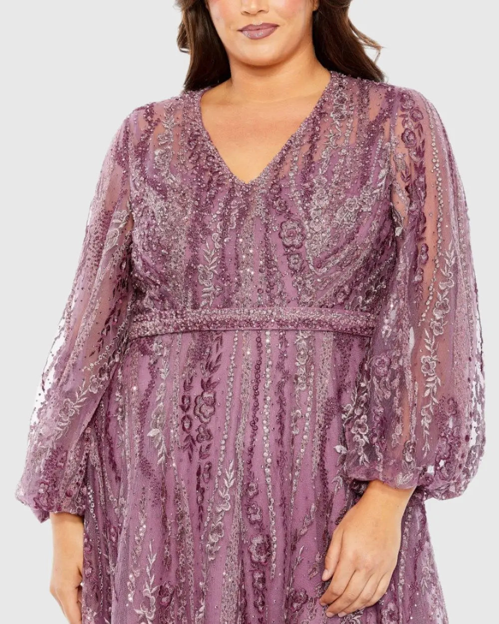Purple V Neck Puff Sleeve Embroidered A Line Gown - Mac Duggal