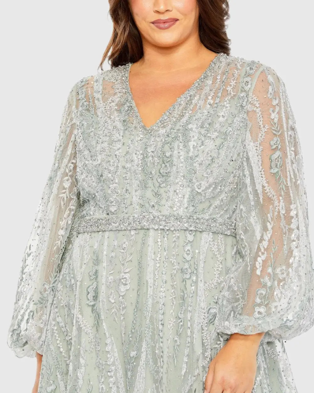 Green V Neck Puff Sleeve Embroidered A Line Gown - Mac Duggal