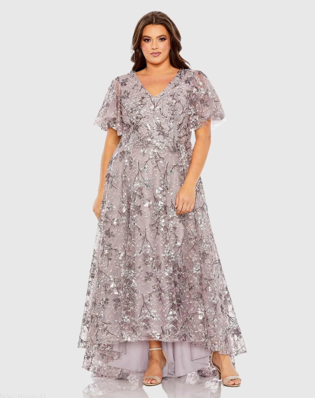 Purple V Neck Flutter Sleeve A Line Embellished Gown - Mac Duggal