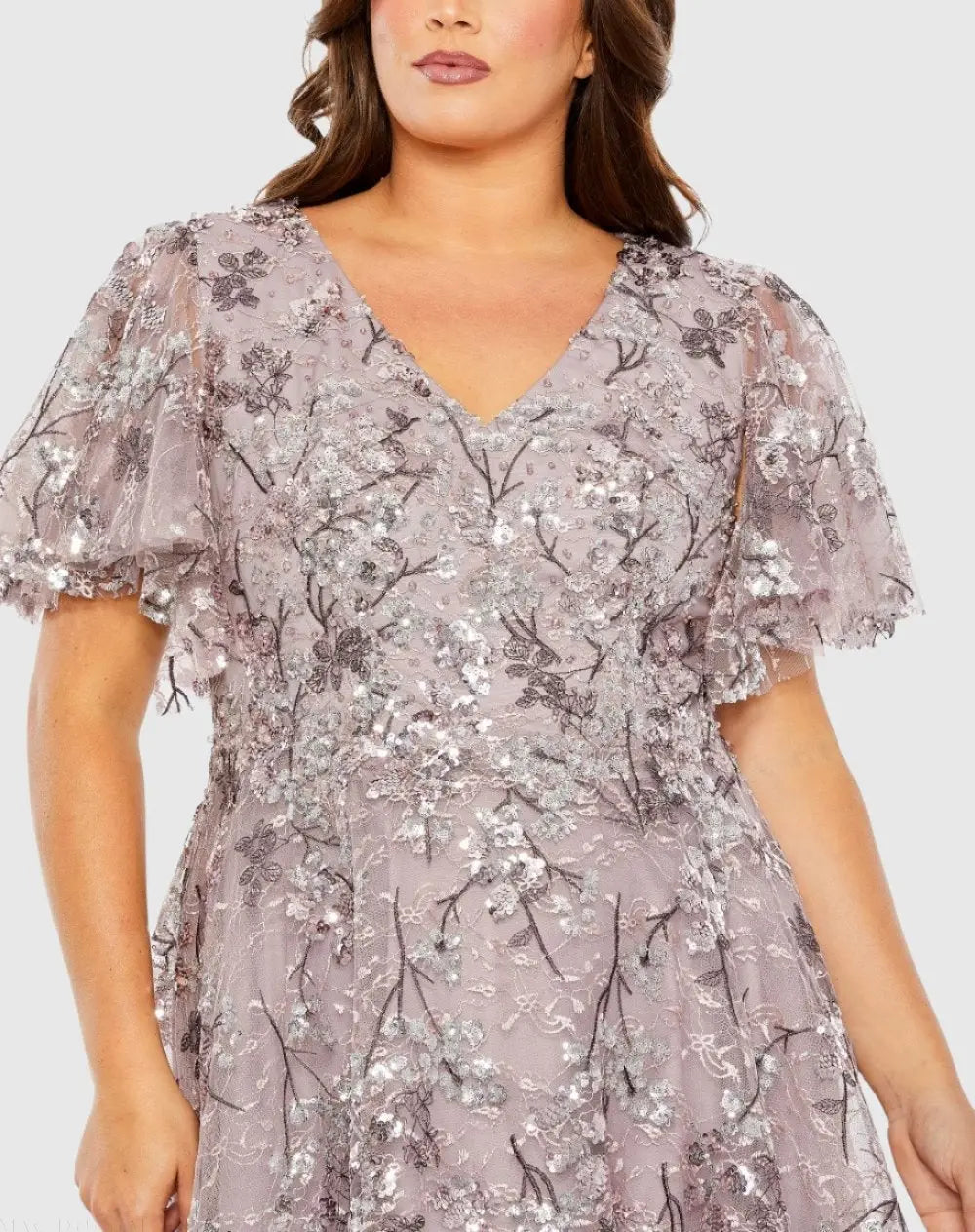 Mac Duggal Plus Size V Neck Flutter Sleeve A Line Embellished Dress - Vintage Lilac Mac Duggal Plus Size V Neck Flutter Sleeve A Line Embellished Dress - Vintage Lilac