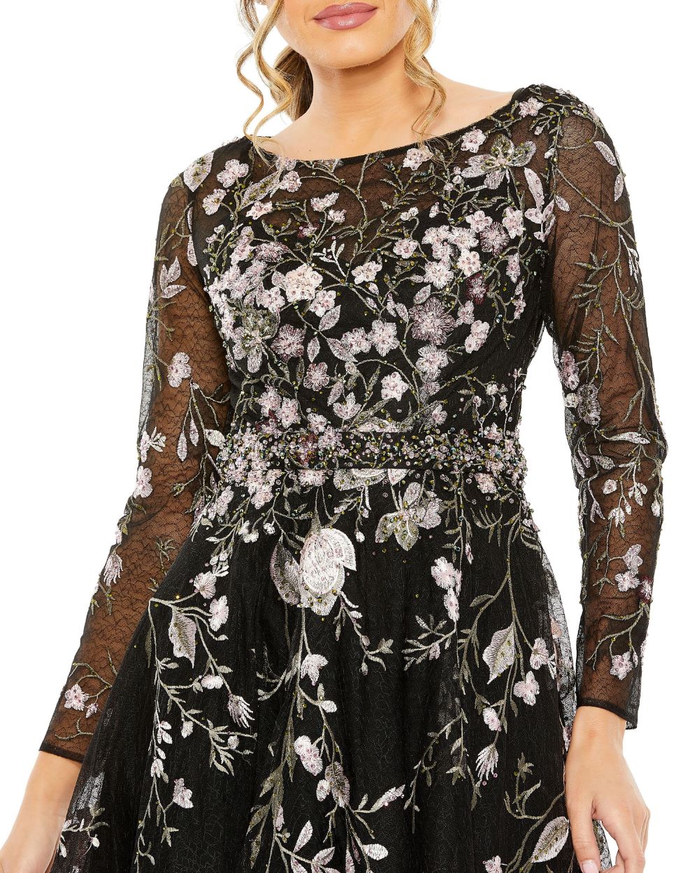 High Neck Long Sleeve Embroidered Dress