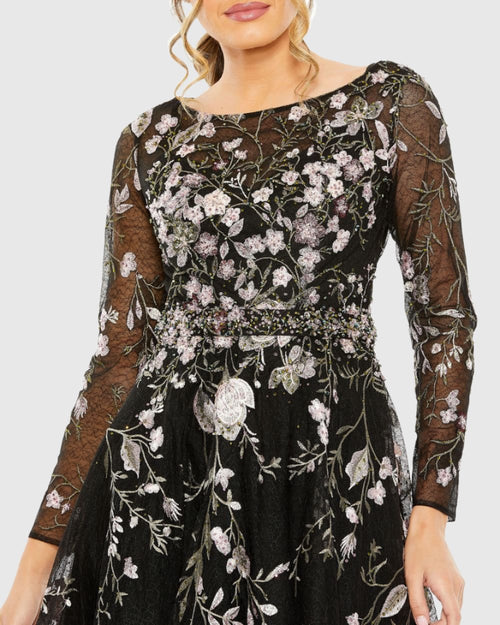 High Neck Long Sleeve Embroidered Dress