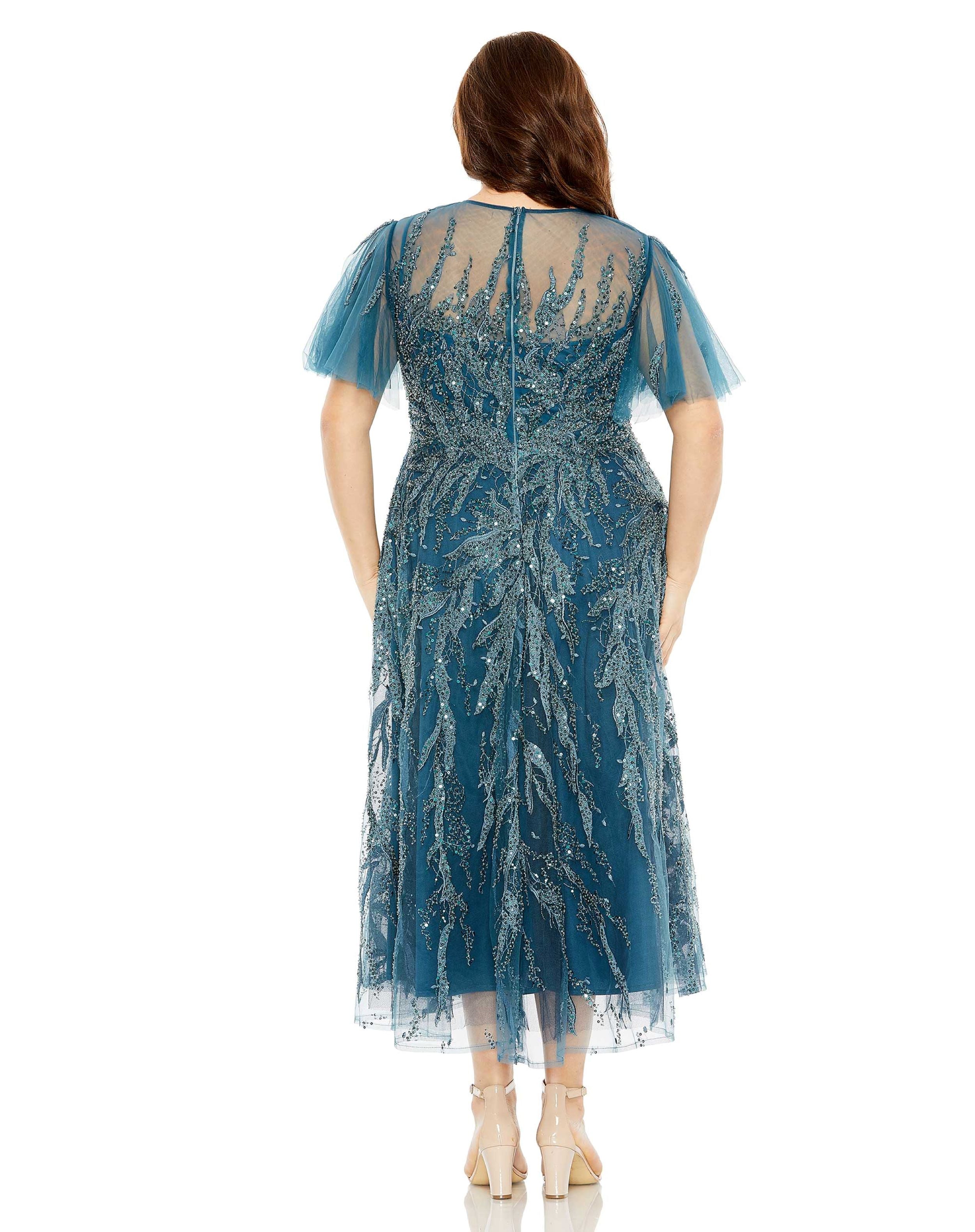 High Neck Flutter Sleeve A Line Embellished Dress
