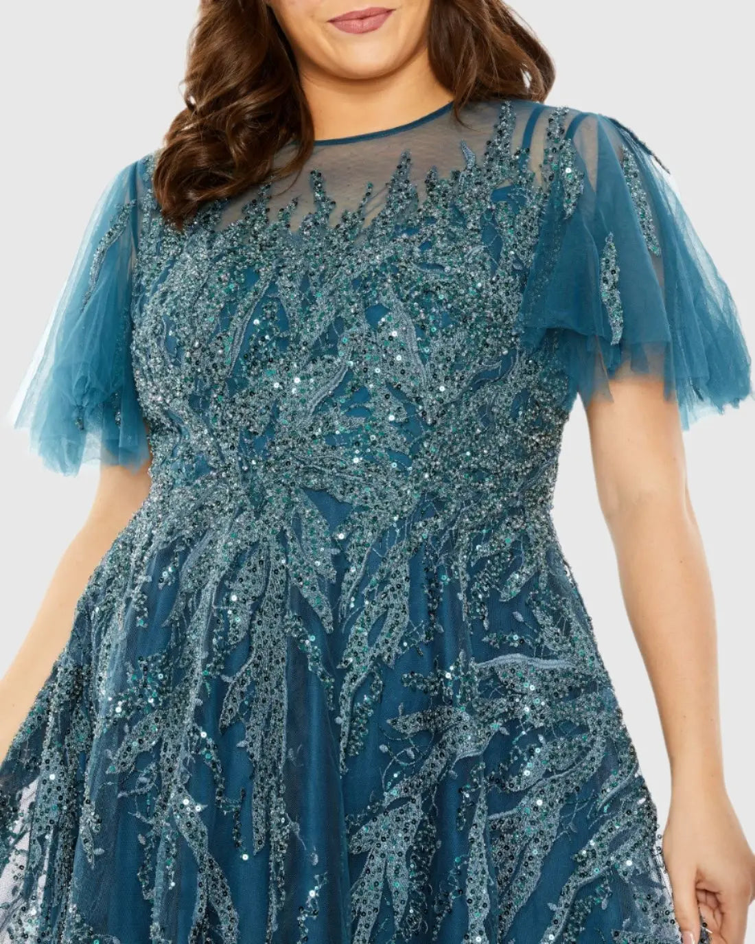 Blue High Neck Flutter Sleeve A Line Embellished Dress - Mac Duggal