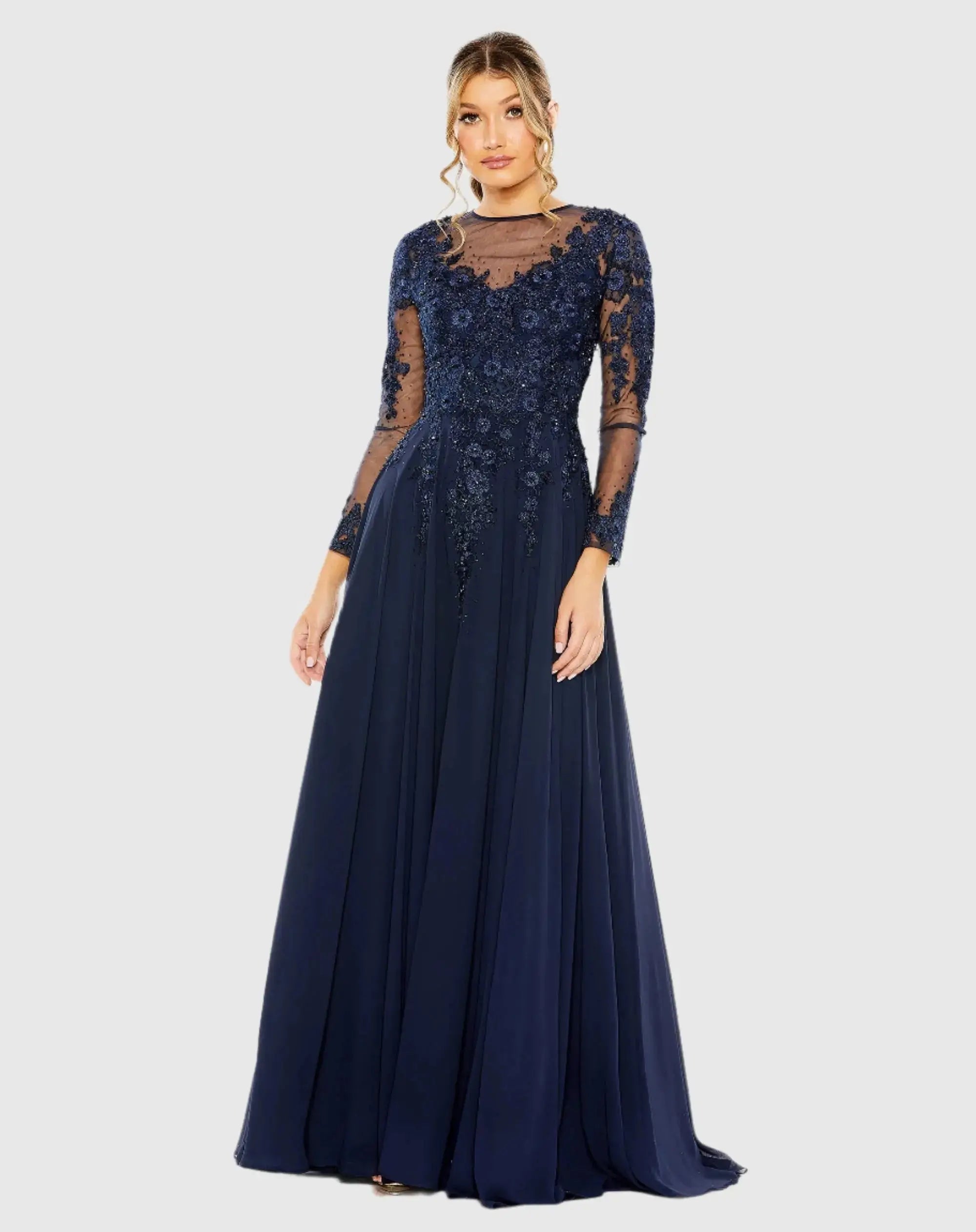 Navy High Neck Mesh Long Sleeve Embellished A Line Gown - Mac Duggal