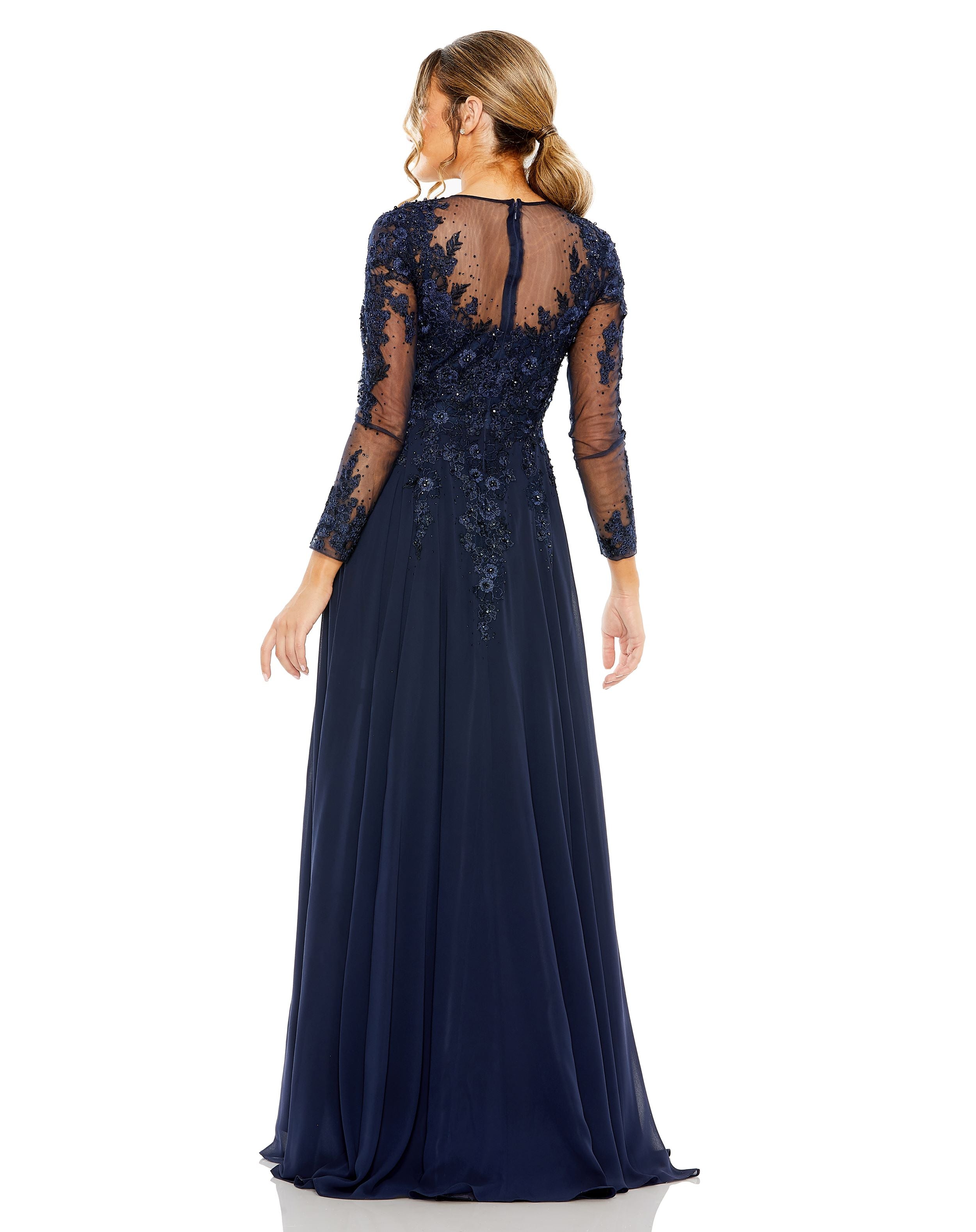 High Neck Mesh Long Sleeve Embellished A Line Gown
