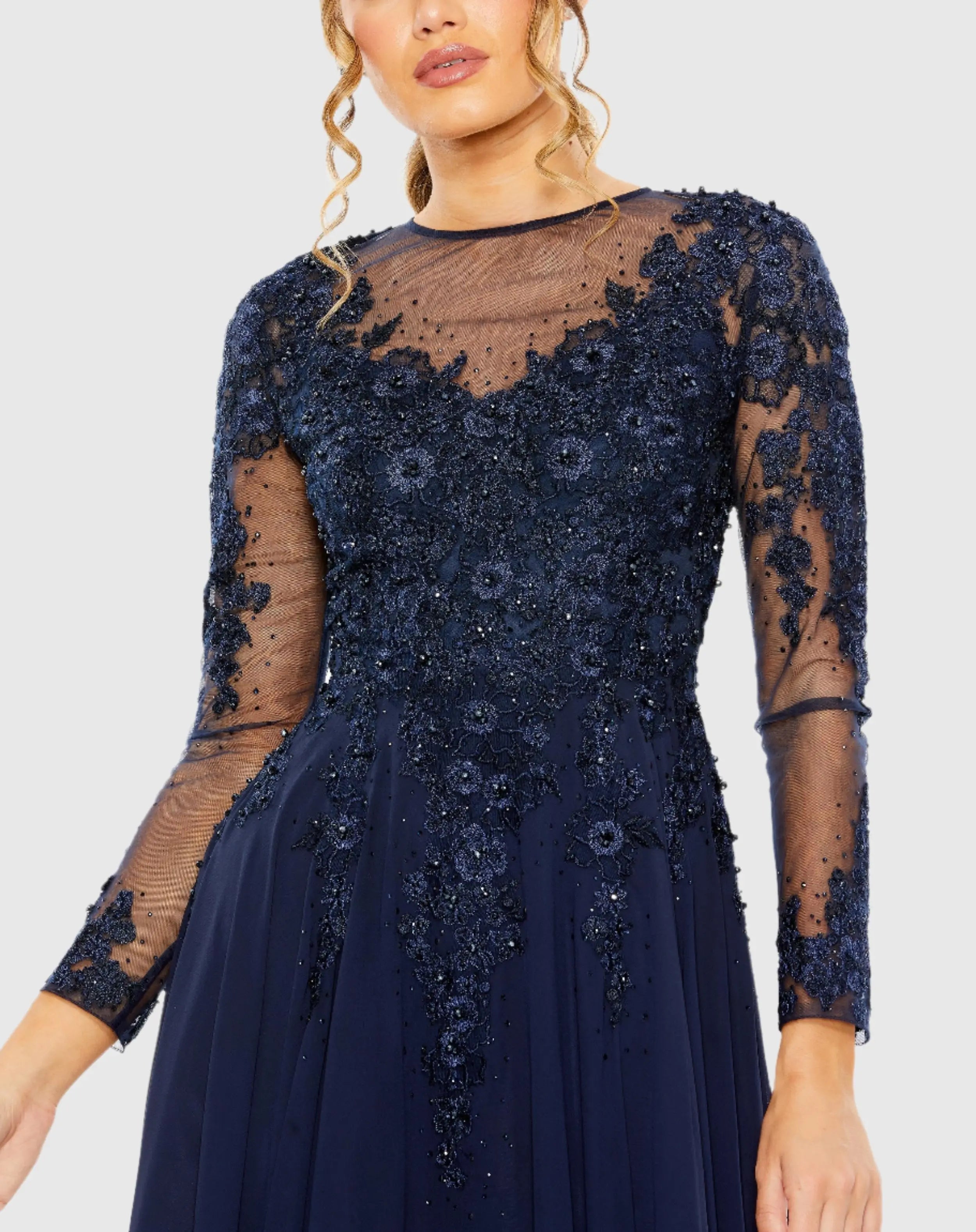 Navy High Neck Mesh Long Sleeve Embellished A Line Gown - Mac Duggal