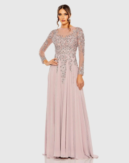 Purple High Neck Mesh Long Sleeve Embellished A Line Gown