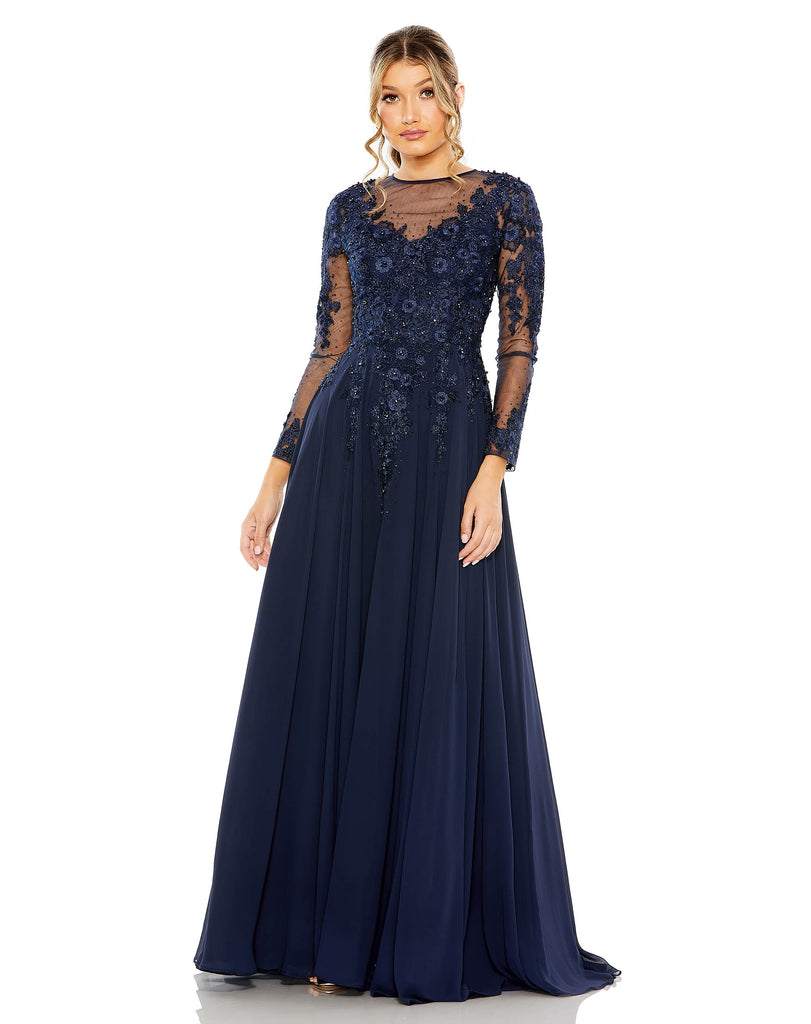Embellished Illusion High Neck Long Sleeve A Line Gown