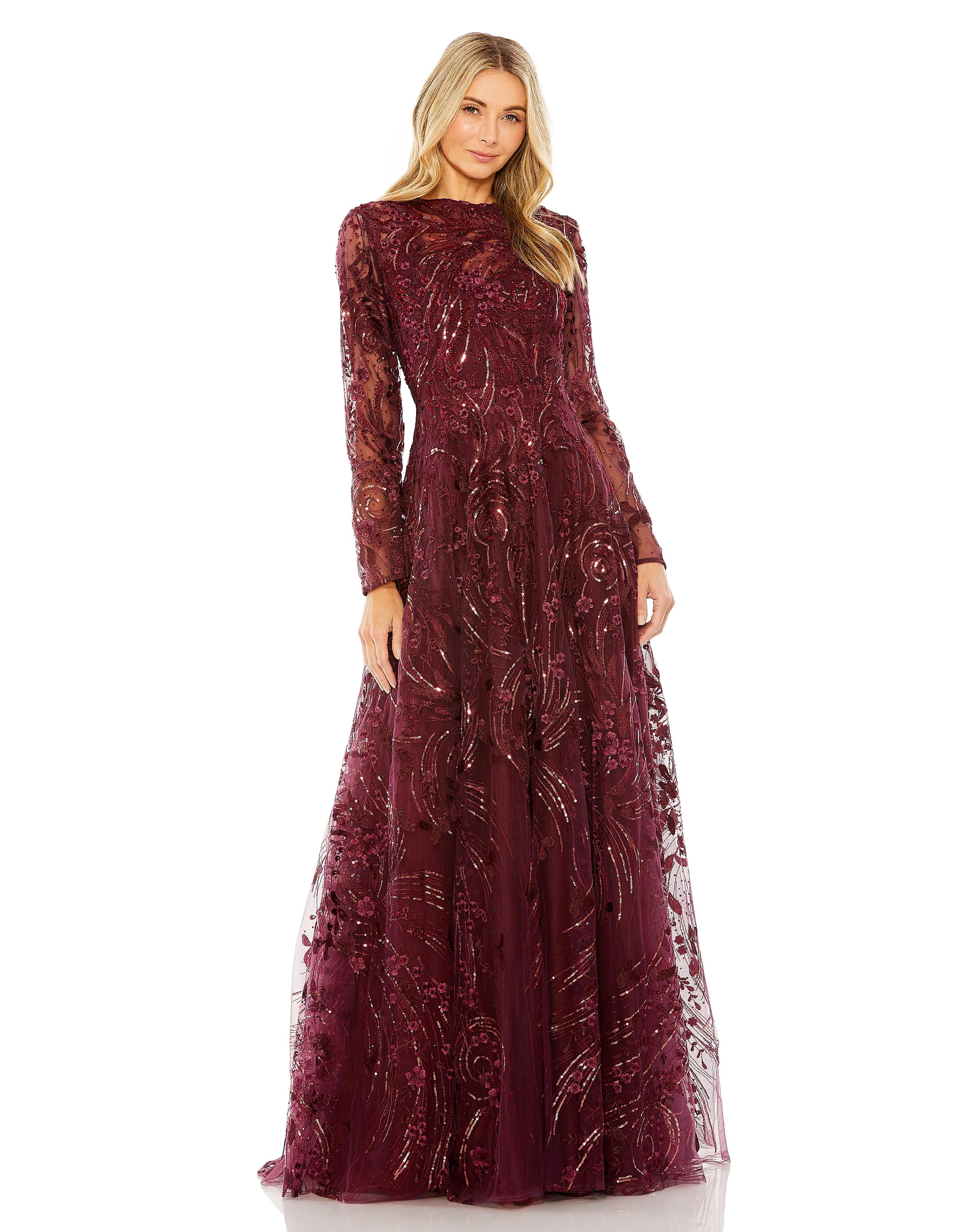 High Neck Long Sleeve Embellished A Line Gown