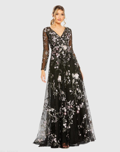 Black V-Neck Long Sleeve Embroidered A-Line Floral Gown - Mac Duggal