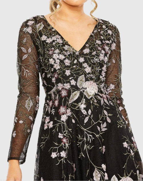 Black V-Neck Long Sleeve Embroidered A-Line Floral Gown - Mac Duggal