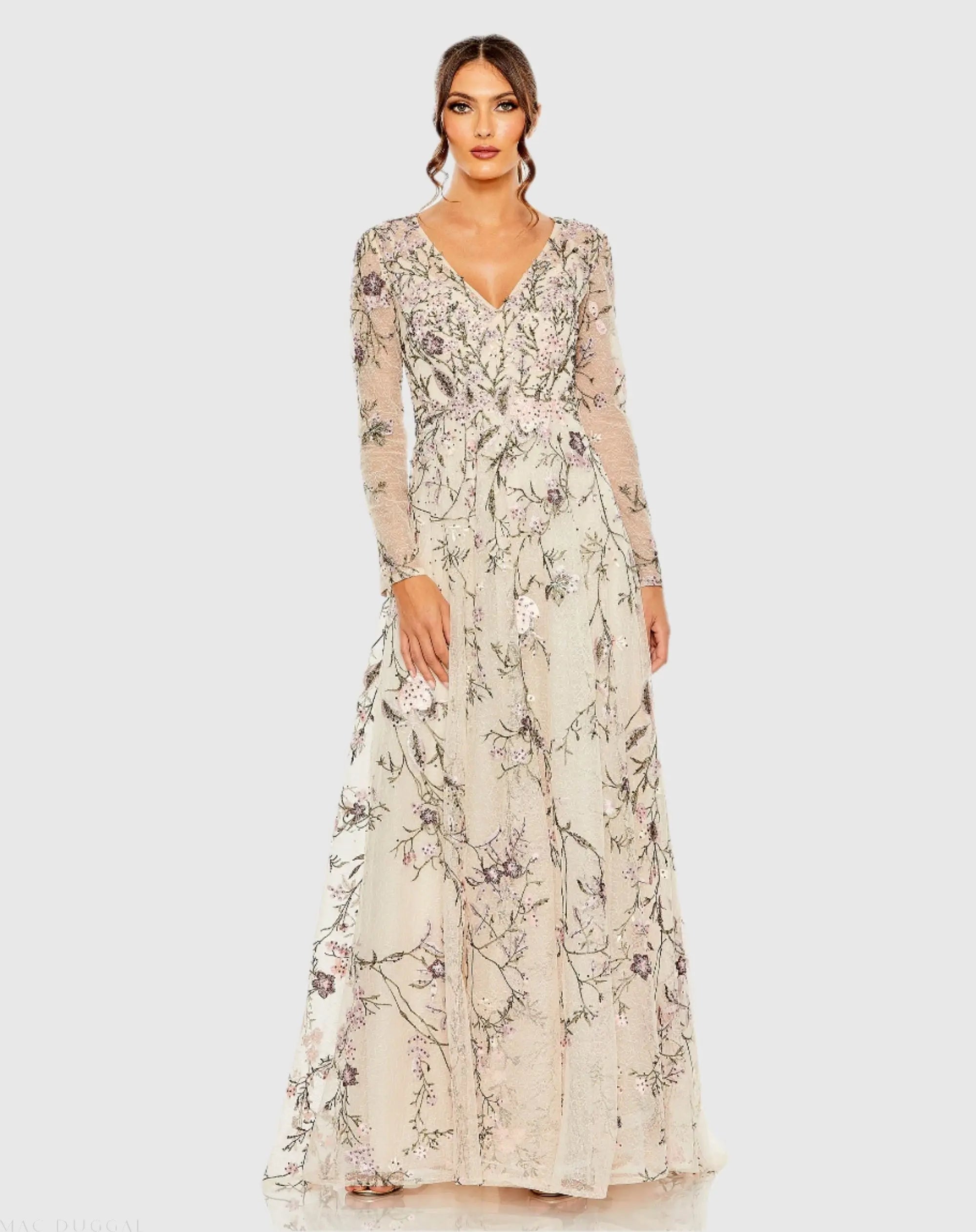 Beige V-Neck Long Sleeve Embroidered A-Line Floral Gown - Mac Duggal