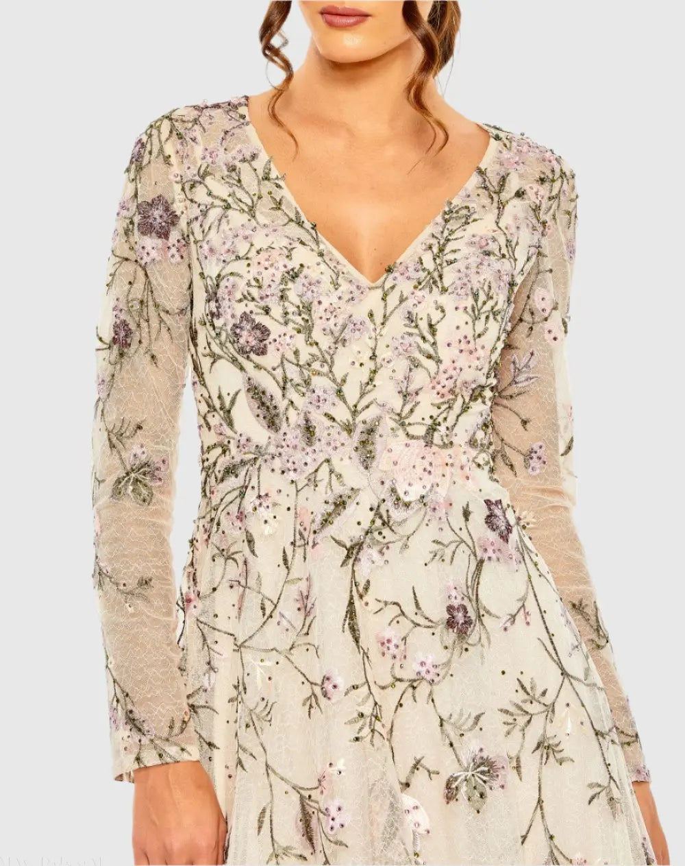 Beige V-Neck Long Sleeve Embroidered A-Line Floral Gown - Mac Duggal