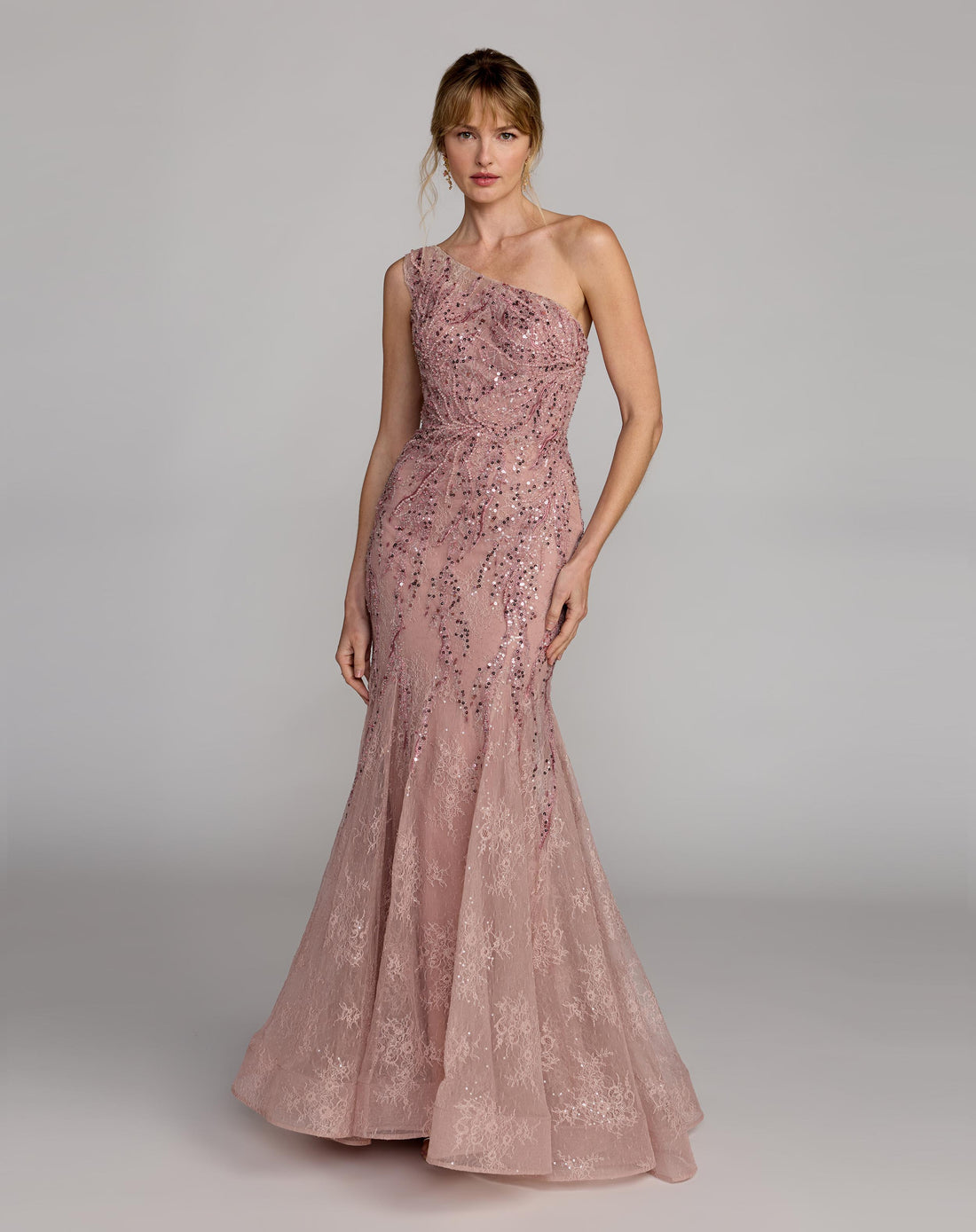 Pink Embellished Lace One Shoulder Mermaid Gown - Mac Duggal