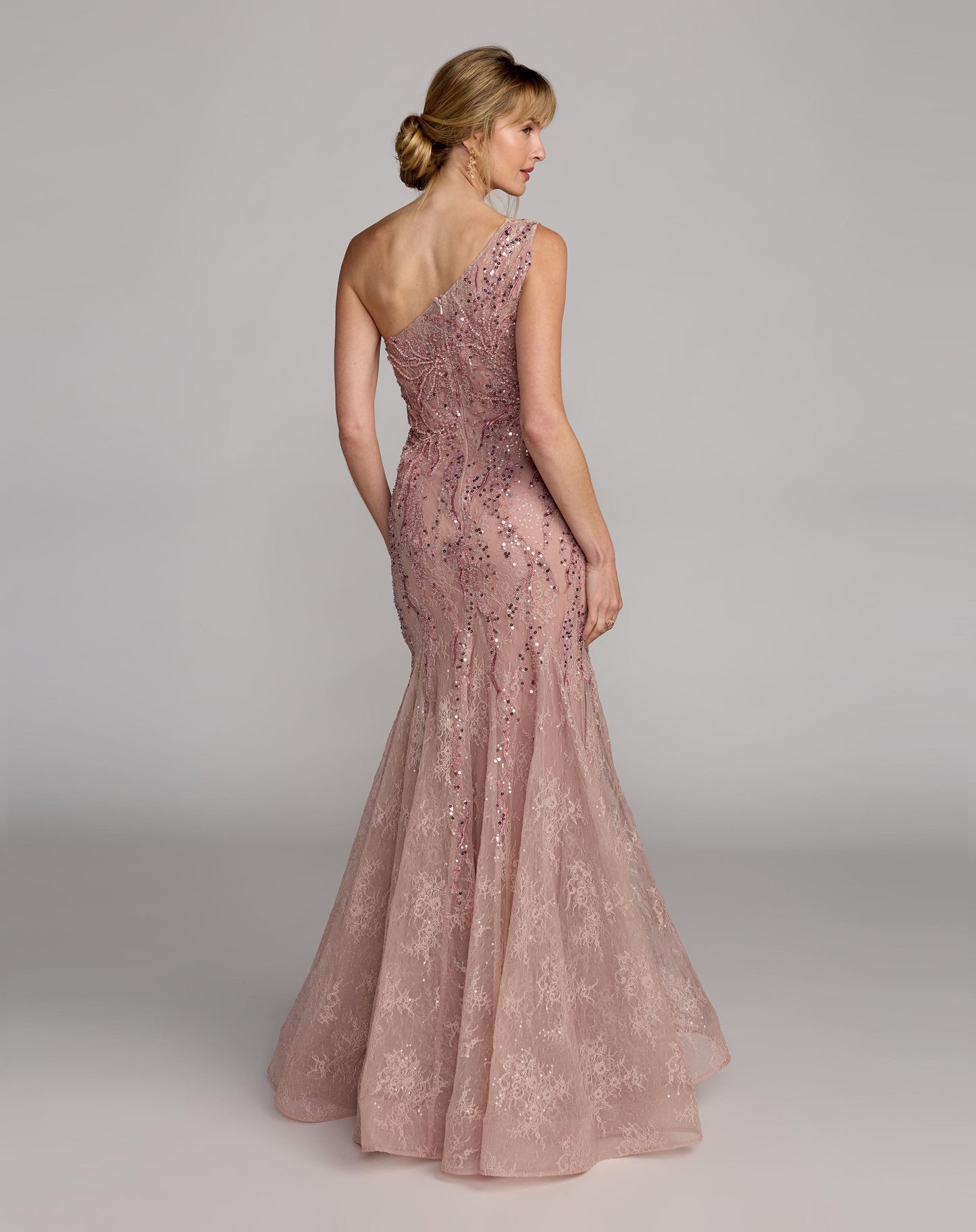 Pink Embellished Lace One Shoulder Mermaid Gown - Mac Duggal