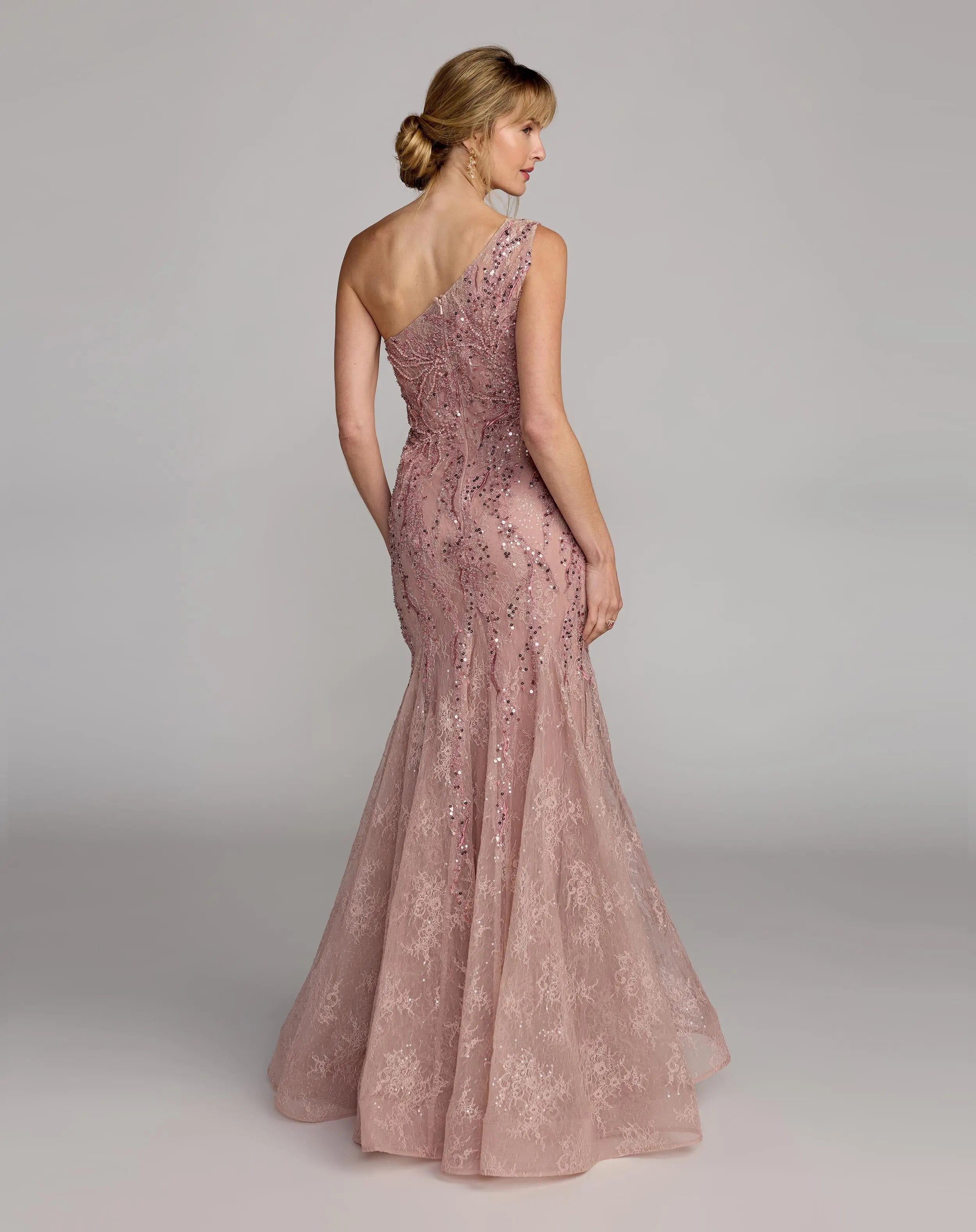 Pink Embellished Lace One Shoulder Mermaid Gown - Mac Duggal