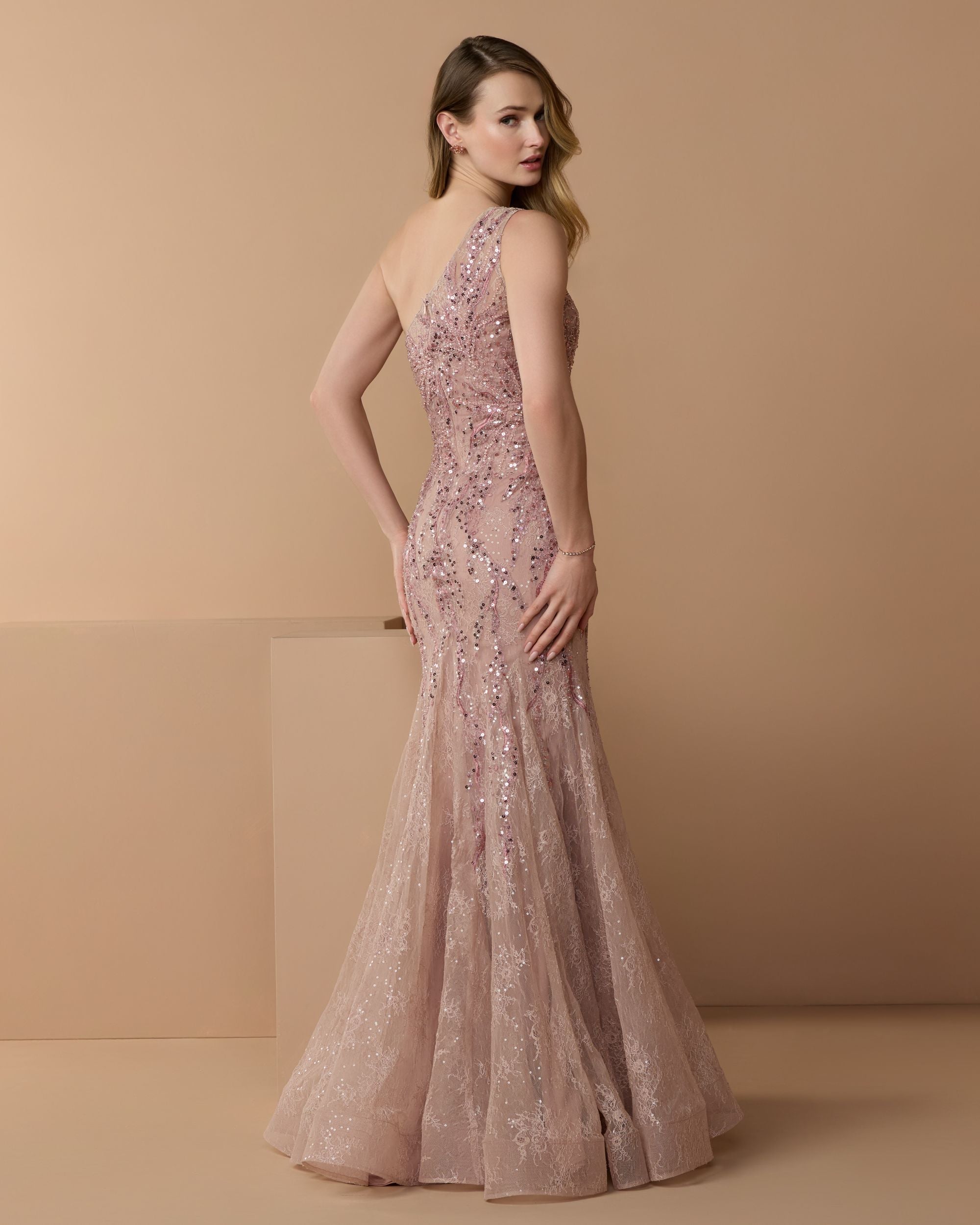 Pink Embellished Lace One Shoulder Mermaid Gown