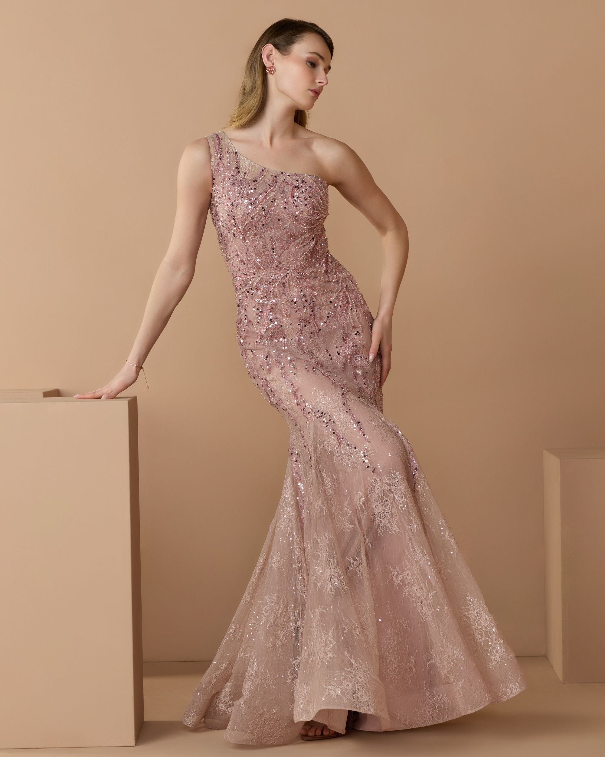 Pink Embellished Lace One Shoulder Mermaid Gown