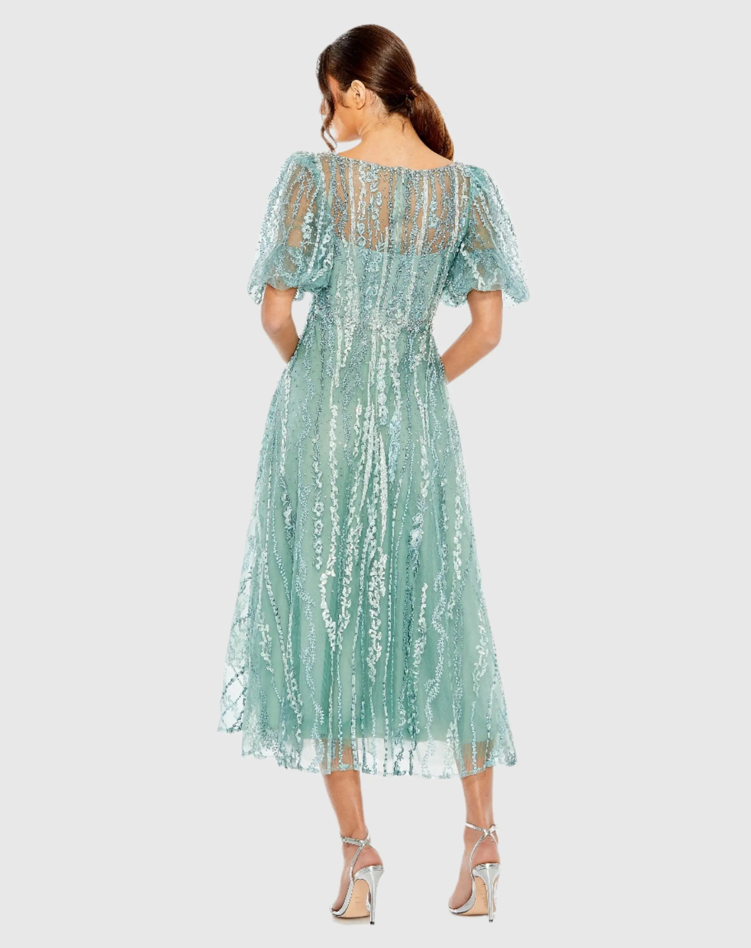 Green High Neck Puff Sleeve Embellished A Line Dress - Mac Duggal