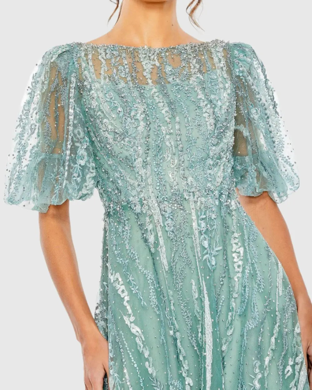 Green High Neck Puff Sleeve Embellished A Line Dress - Mac Duggal