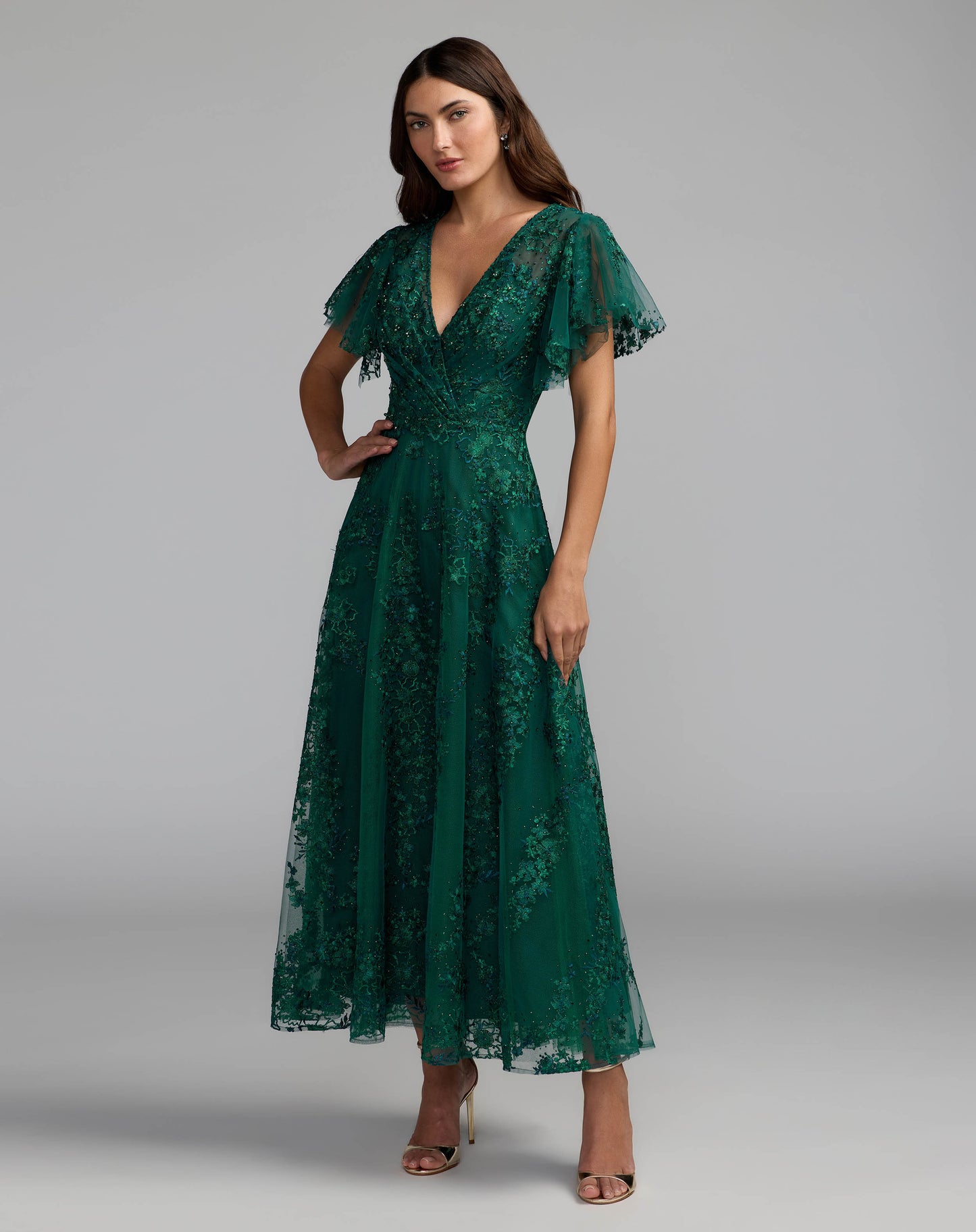 Green Embroidered Flutter Sleeve A Line Dress Mac Duggal