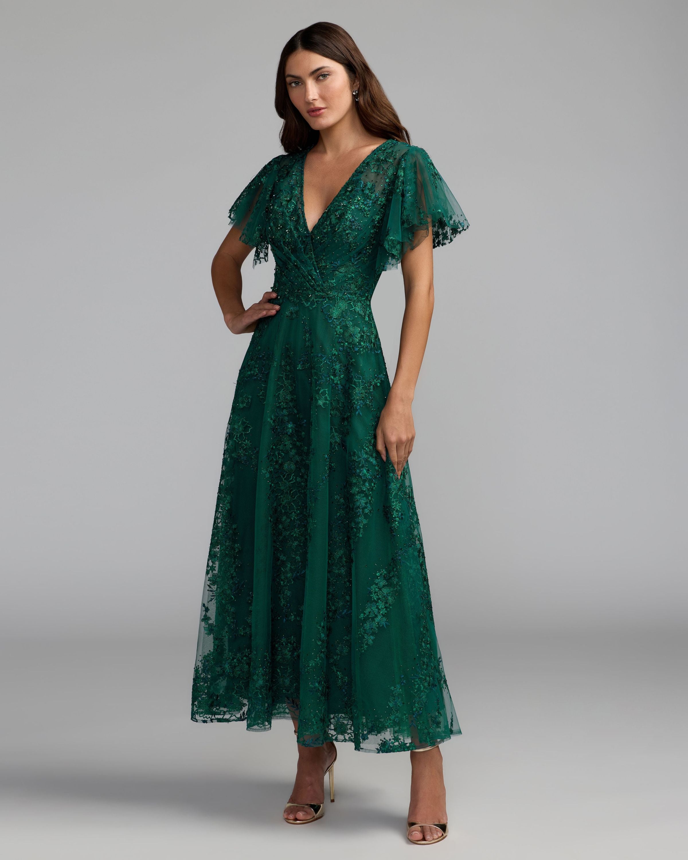 Green Embroidered Flutter Sleeve A Line Dress Mac Duggal
