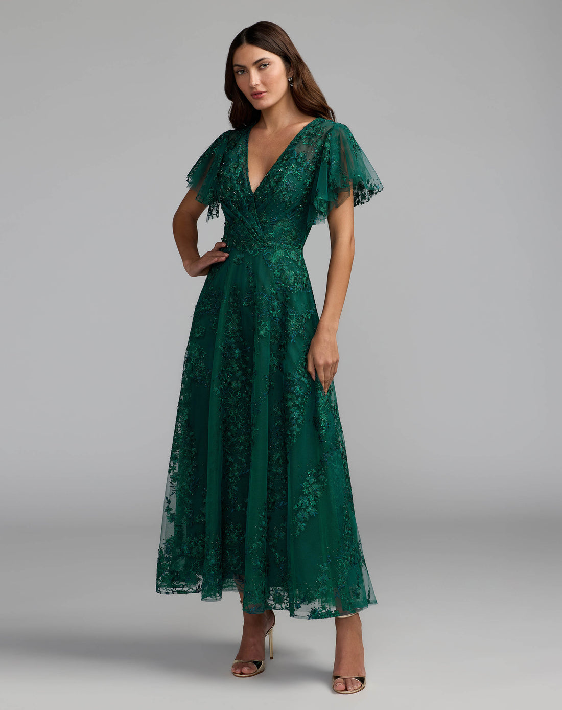 Green Embroidered Flutter Sleeve A Line Dress | Mac Duggal Green Embroidered Flutter Sleeve A Line Dress | Mac Duggal