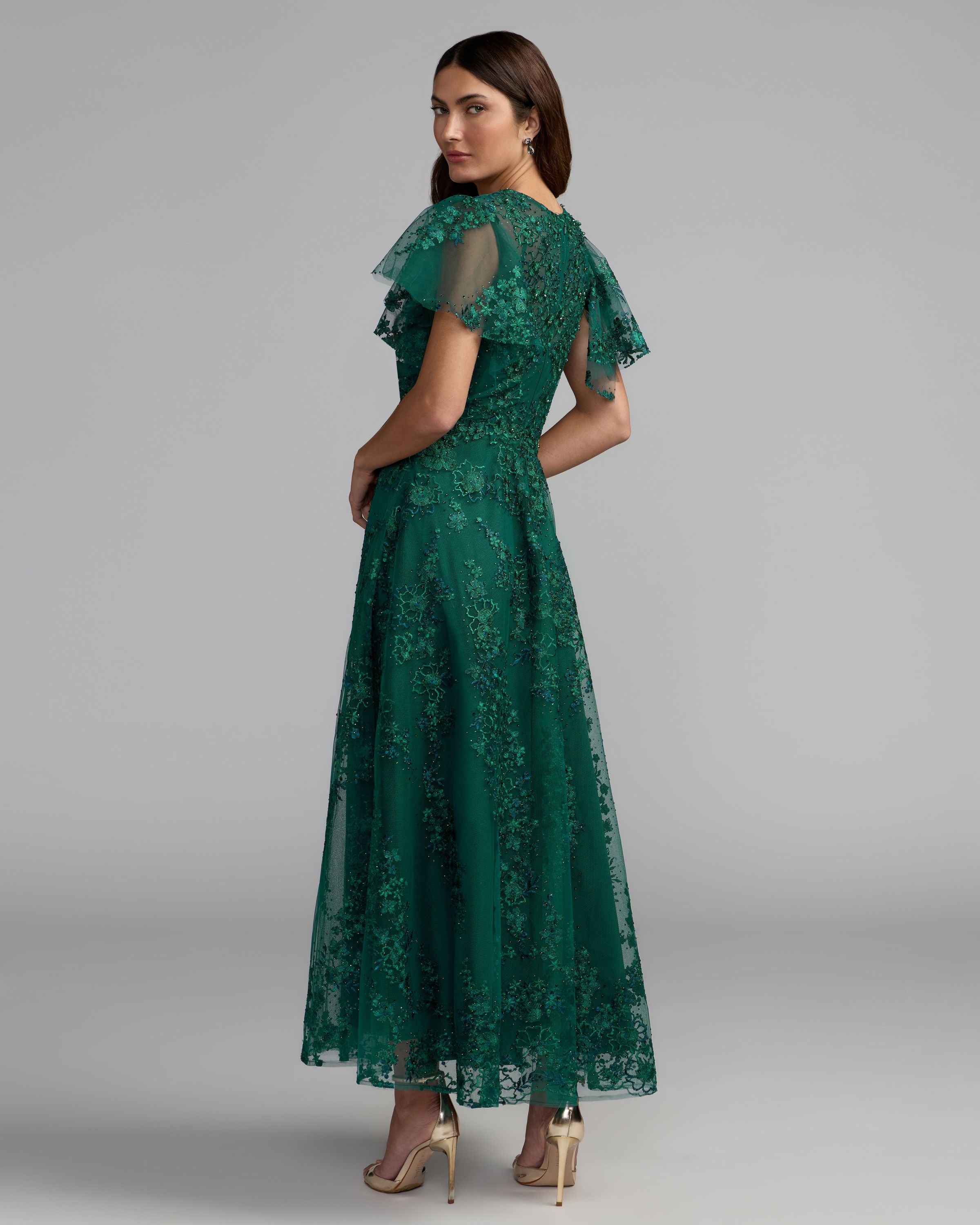 Green Embroidered Flutter Sleeve A Line Dress Mac Duggal