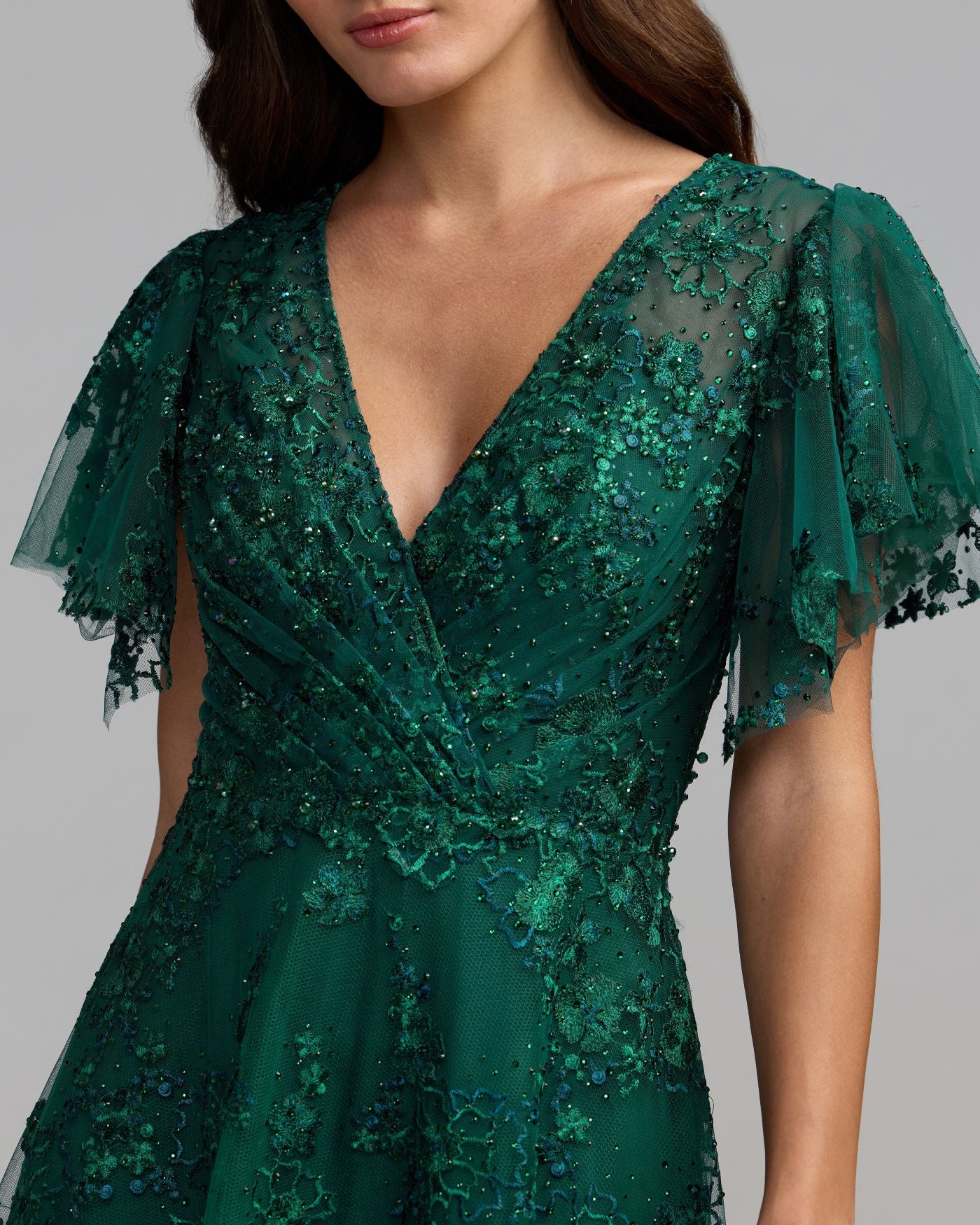 Emerald Green Embroidered Flutter Sleeve A Line Cocktail Dress