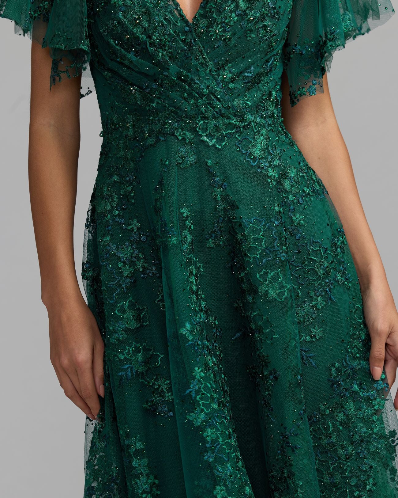 Green Embroidered Flutter Sleeve A Line Dress Mac Duggal