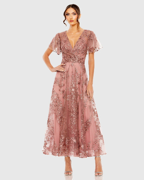 Green Embroidered Flutter Sleeve A Line Dress