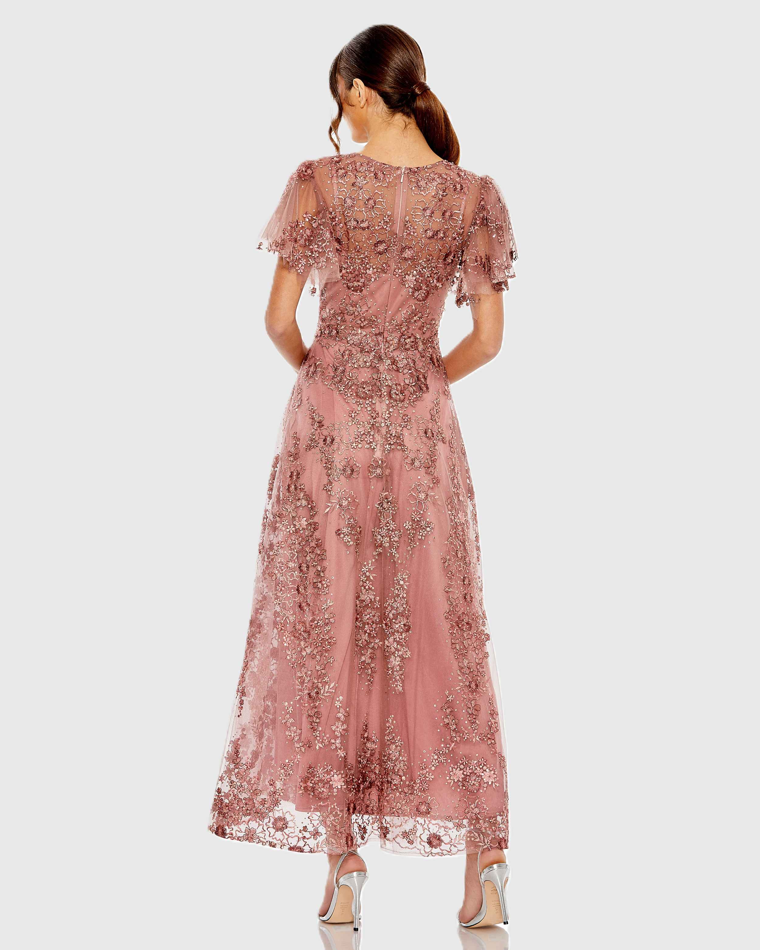 Pink Embroidered Flutter Sleeve A-Line Dress Mac Duggal