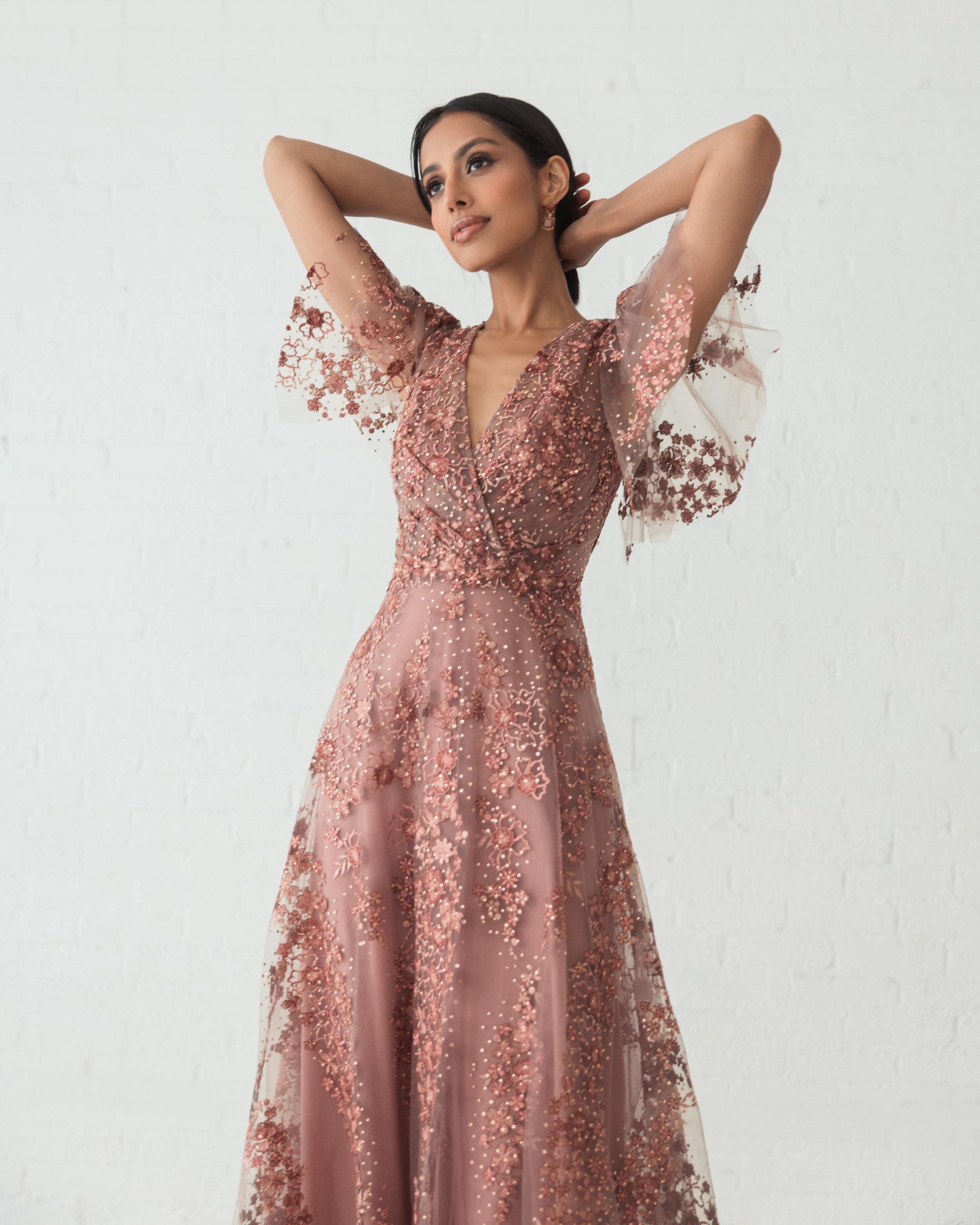 Pink Embroidered Flutter Sleeve A-Line Dress Mac Duggal