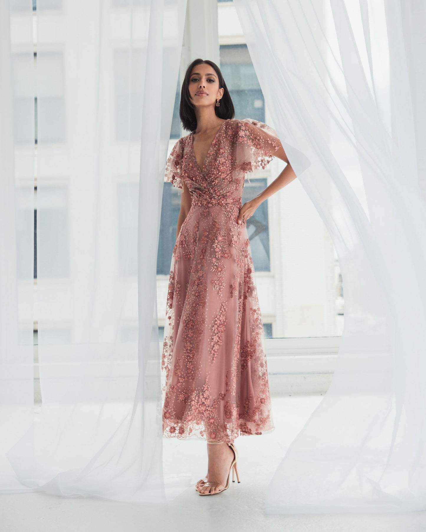 Pink Embroidered Flutter Sleeve A Line Dress | Mac Duggal Pink Embroidered Flutter Sleeve A Line Dress | Mac Duggal