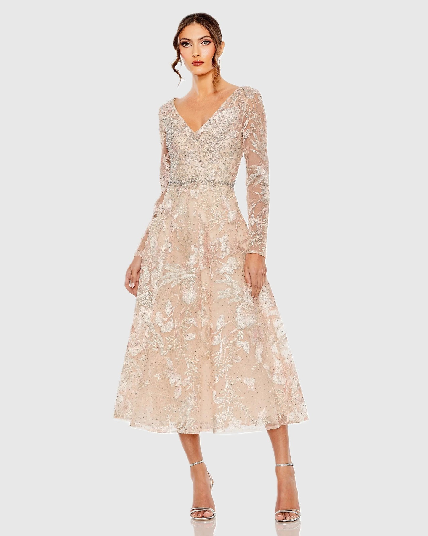 Light Pink Embroidered Long Sleeve Midi Dress | Mac Duggal Light Pink Embroidered Long Sleeve Midi Dress | Mac Duggal