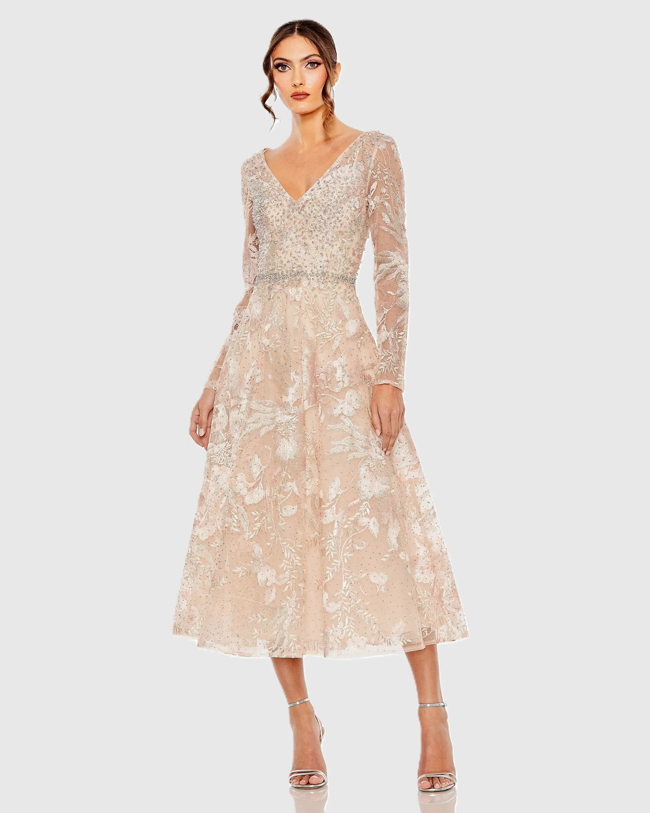 Light Pink Embroidered Long Sleeve Midi Dress Mac Duggal