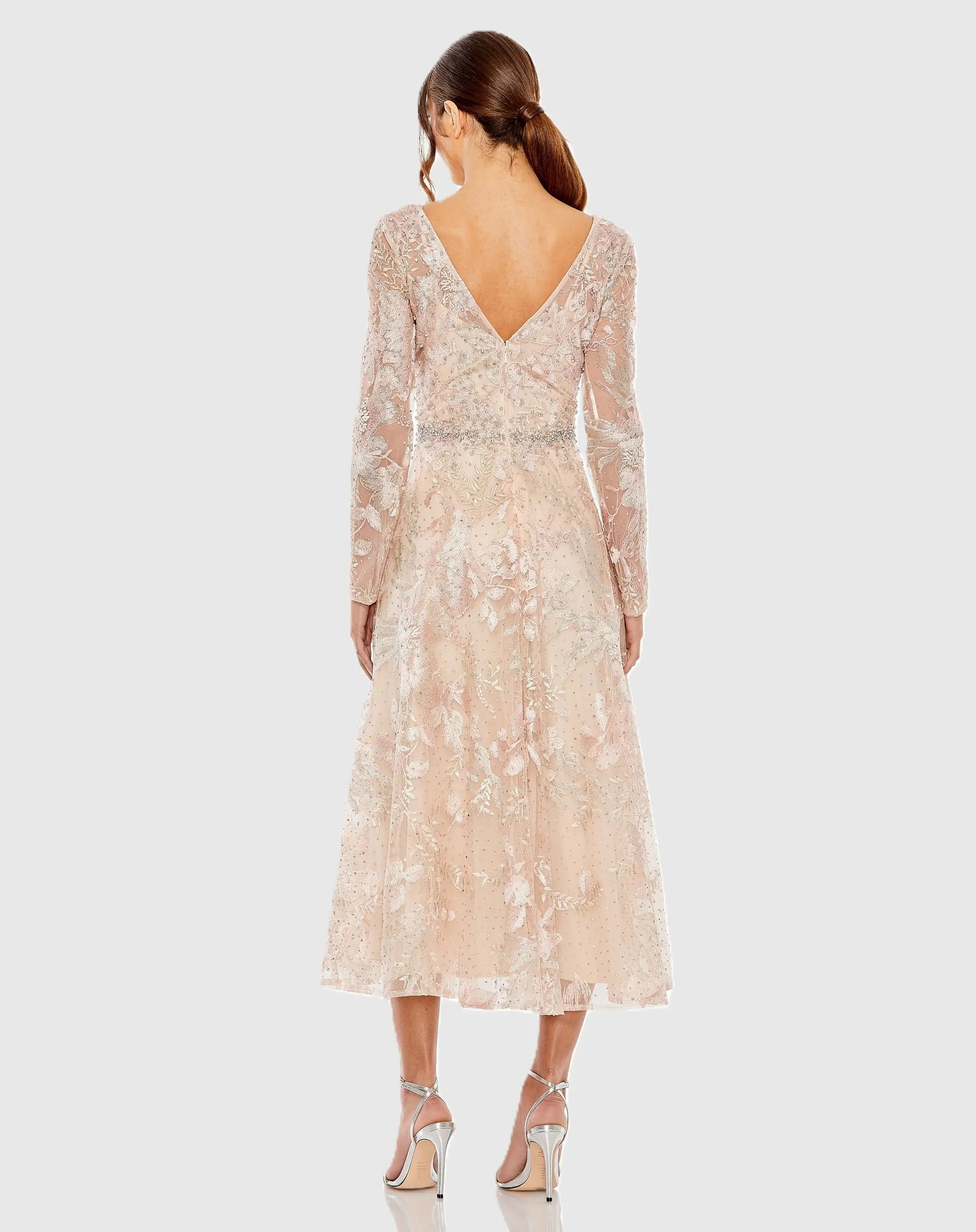 Light Pink Embroidered Long Sleeve Midi Dress | Mac Duggal Light Pink Embroidered Long Sleeve Midi Dress | Mac Duggal