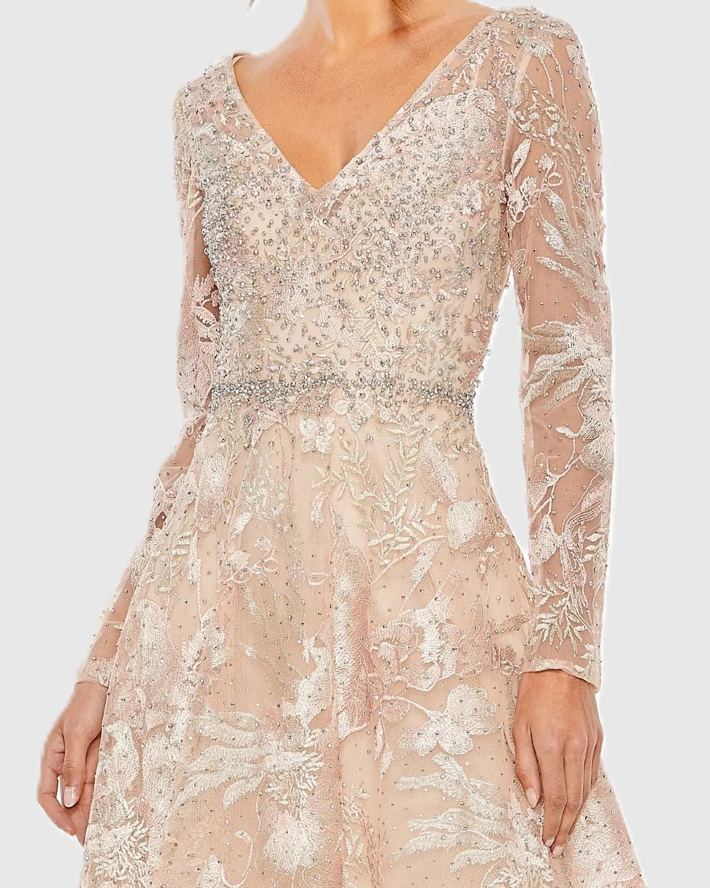 Light Pink Embroidered Long Sleeve Midi Dress